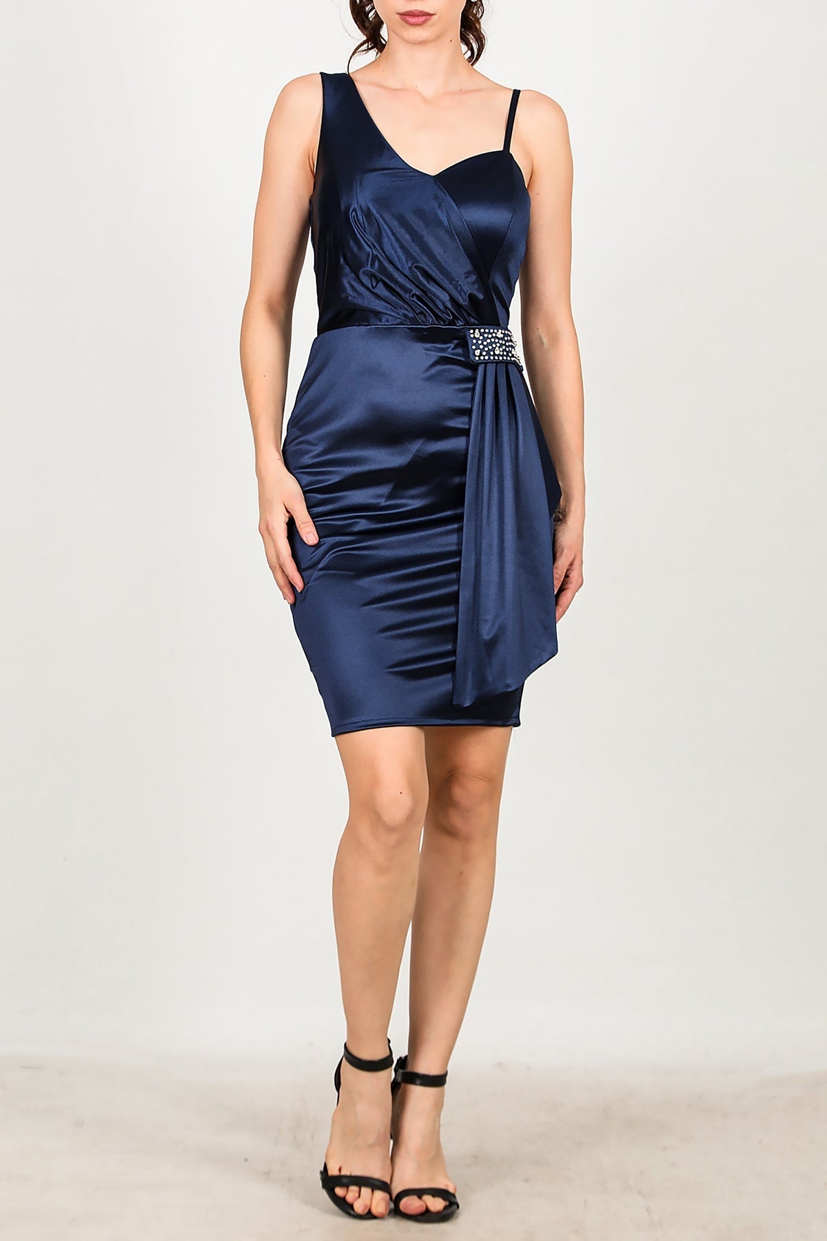 Stone - Detail One - Shoulder Short Evening Dress — Navy