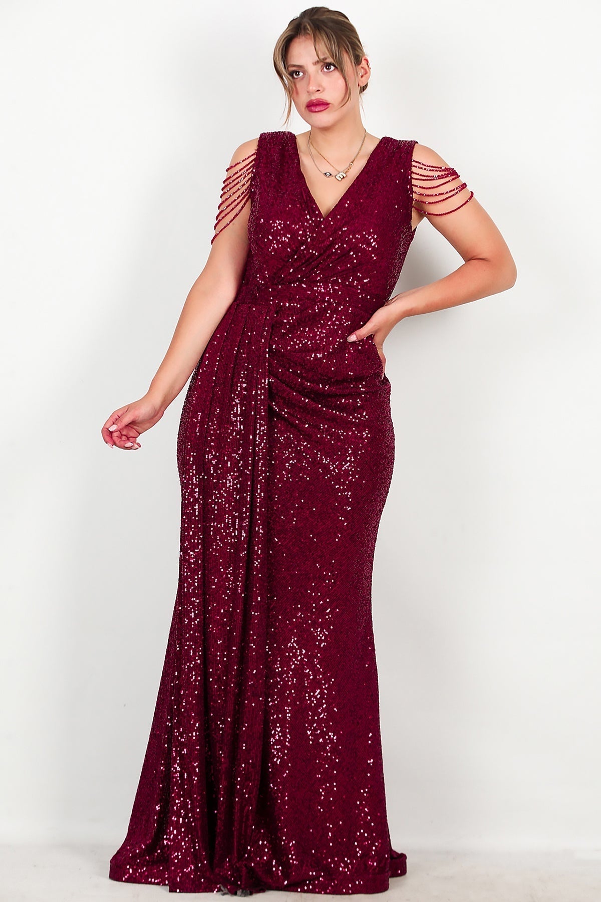 Plus - Size Burgundy Sequin Maxi Evening Dress With Shoulder Chain