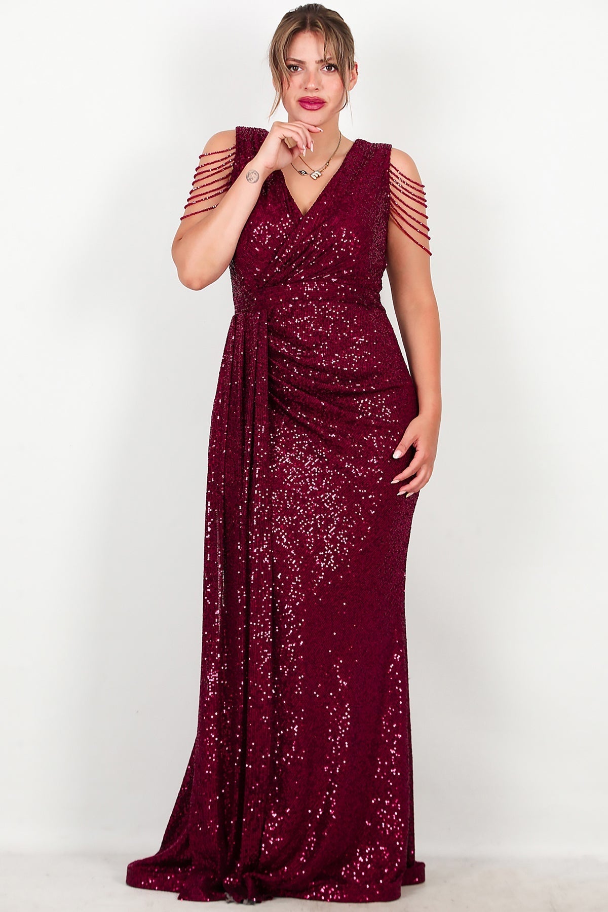 Plus - Size Burgundy Sequin Maxi Evening Dress With Shoulder Chain