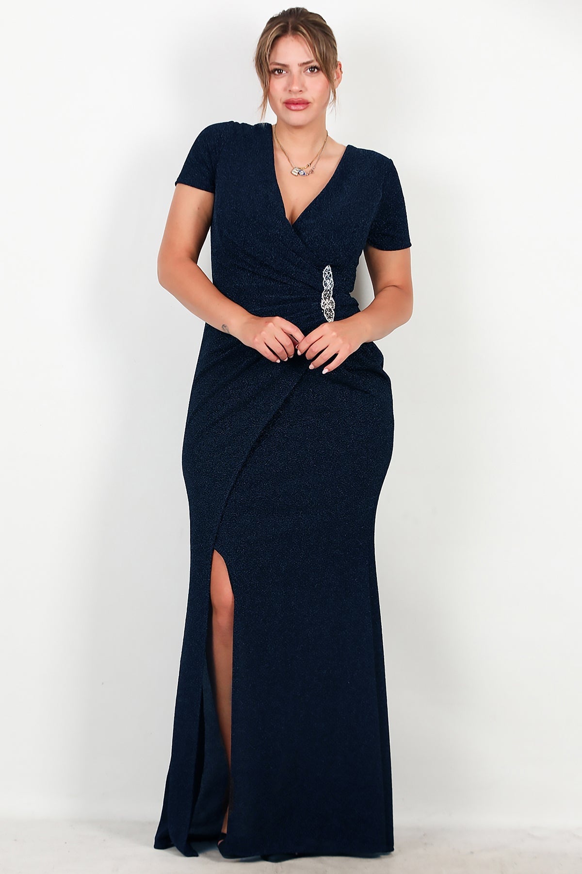 Navy Glitter Evening Dress With Embellished Waist — Plus Size