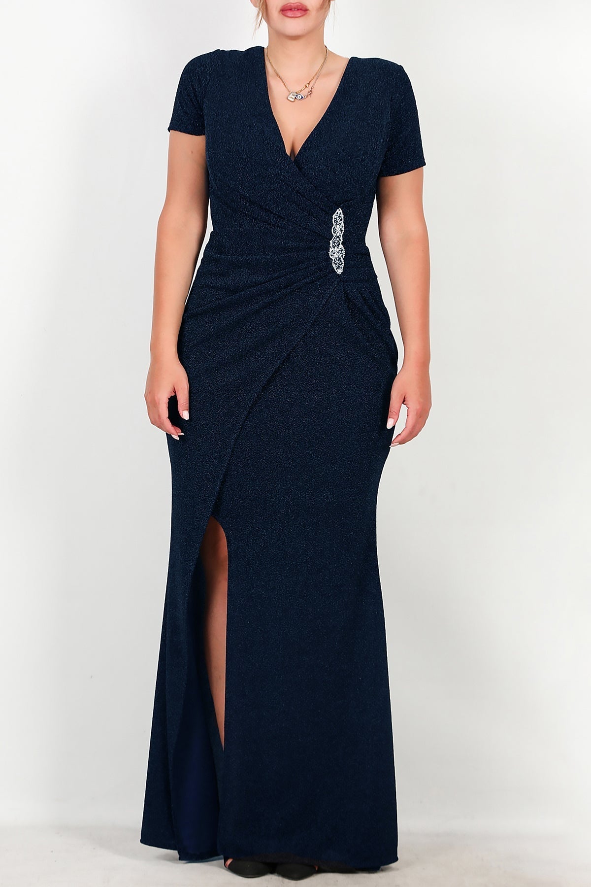 Navy Glitter Evening Dress With Embellished Waist — Plus Size