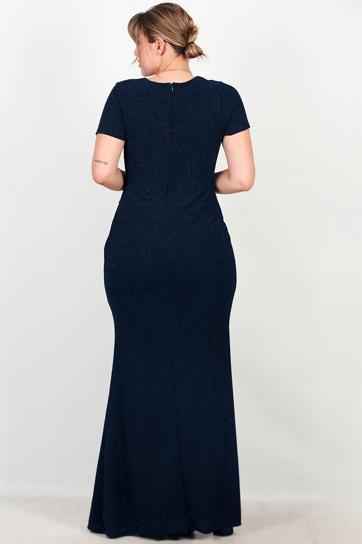 Navy Glitter Evening Dress With Embellished Waist — Plus Size