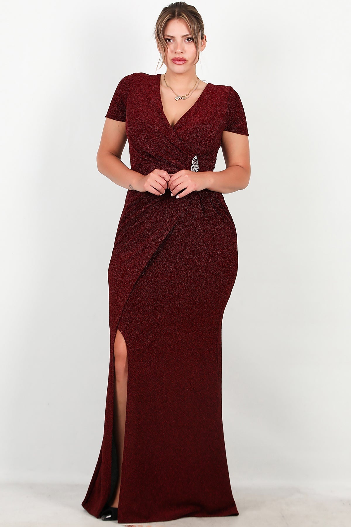 Plus - Size Long Sparkle Evening Dress With Beaded Waist — Burgundy