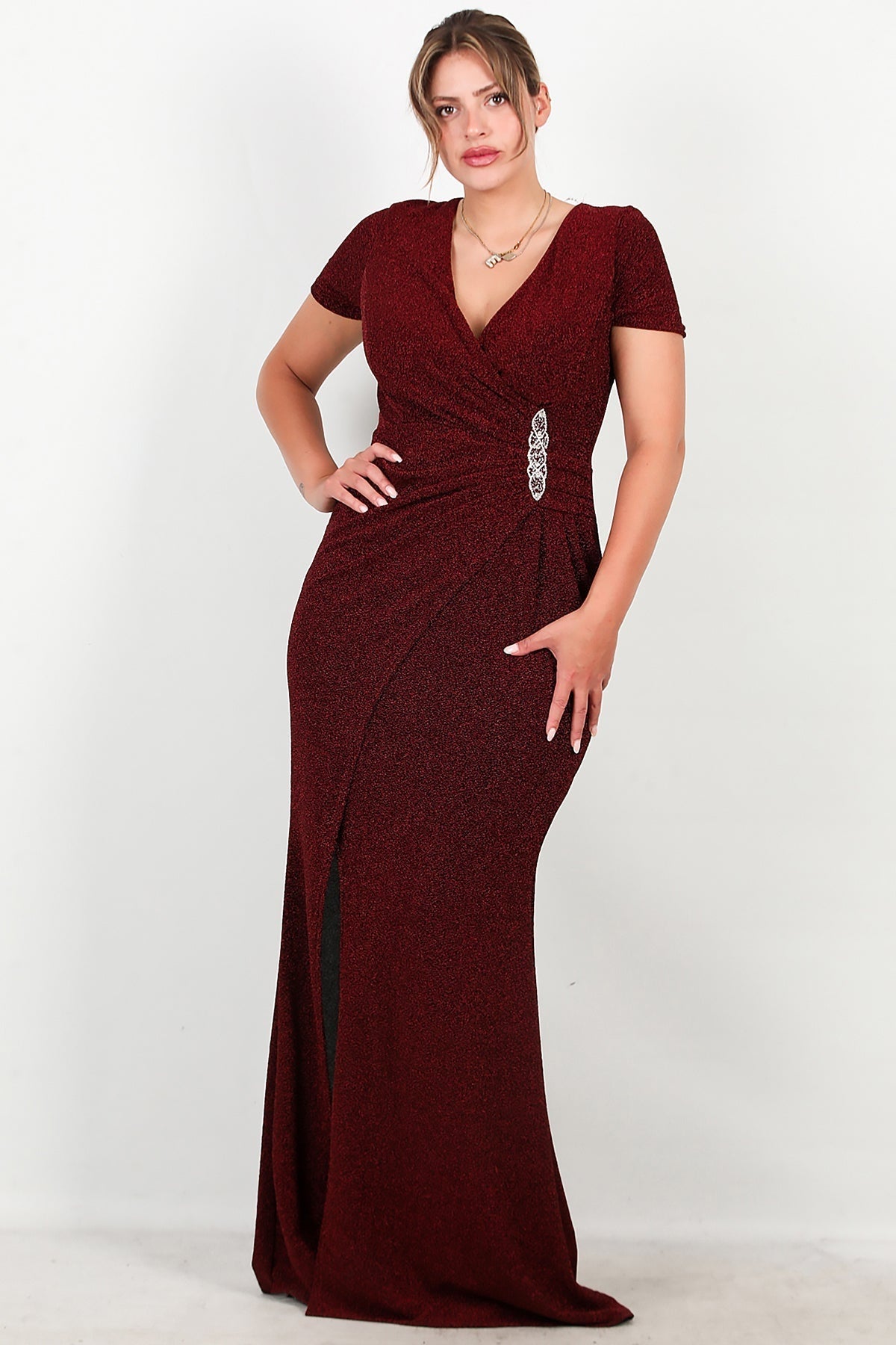 Plus - Size Long Sparkle Evening Dress With Beaded Waist — Burgundy