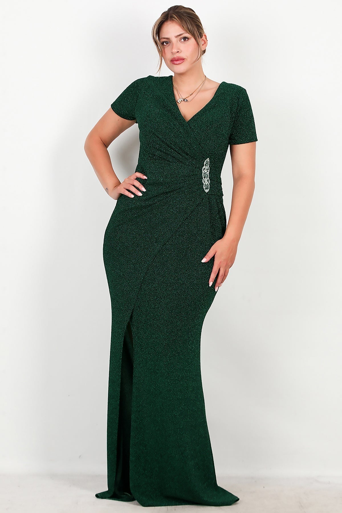 Plus - Size Long Sparkle Evening Dress With Beaded Waist — Emerald