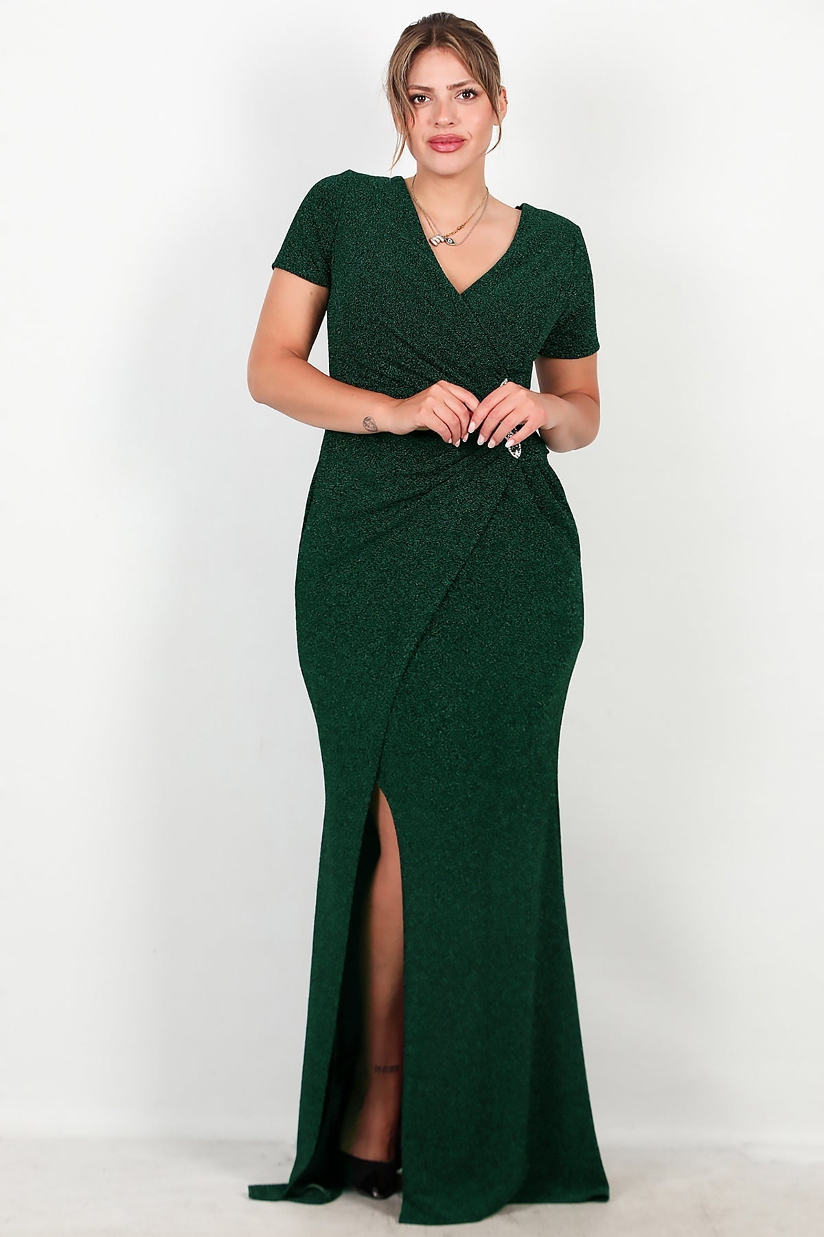 Plus - Size Long Sparkle Evening Dress With Beaded Waist — Emerald