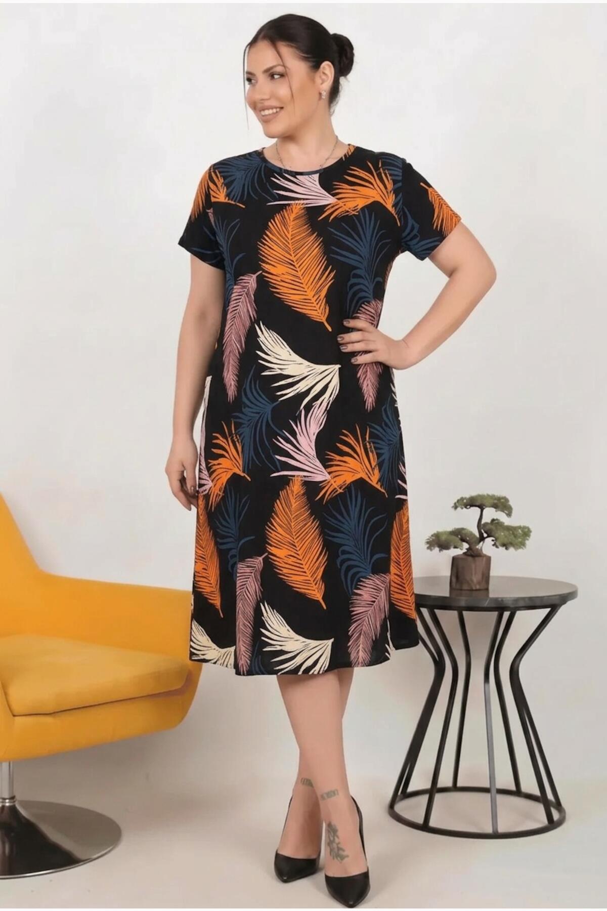 Große Größen gemustertes Kleid – Mehrfarbig
