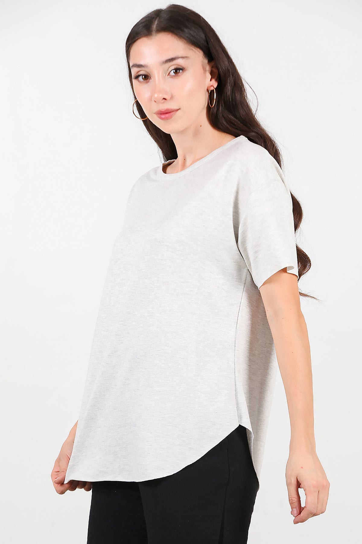 Crew - Neck T - Shirt With Rounded Hem — Light Grey