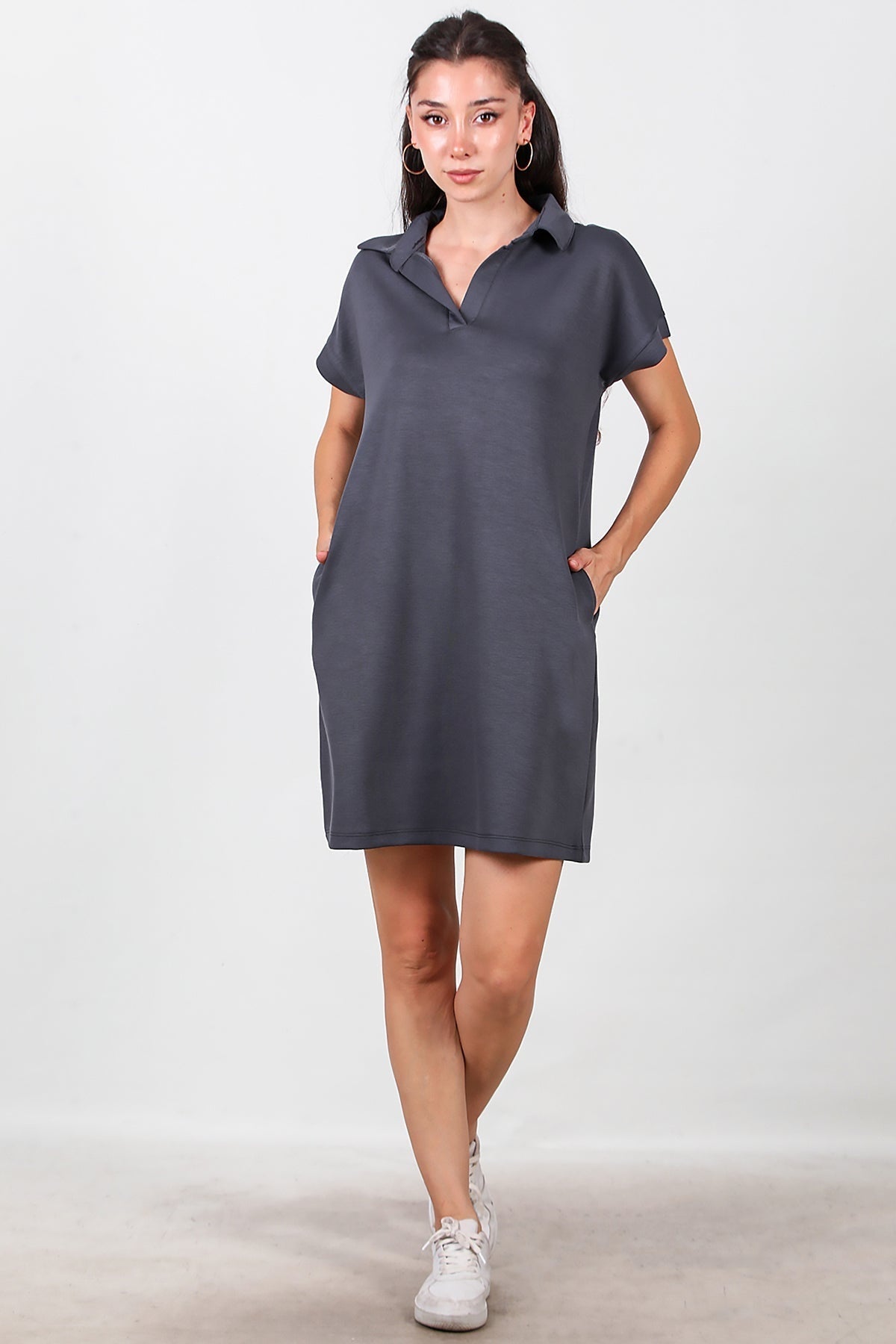 Collared Short Dress — Charcoal
