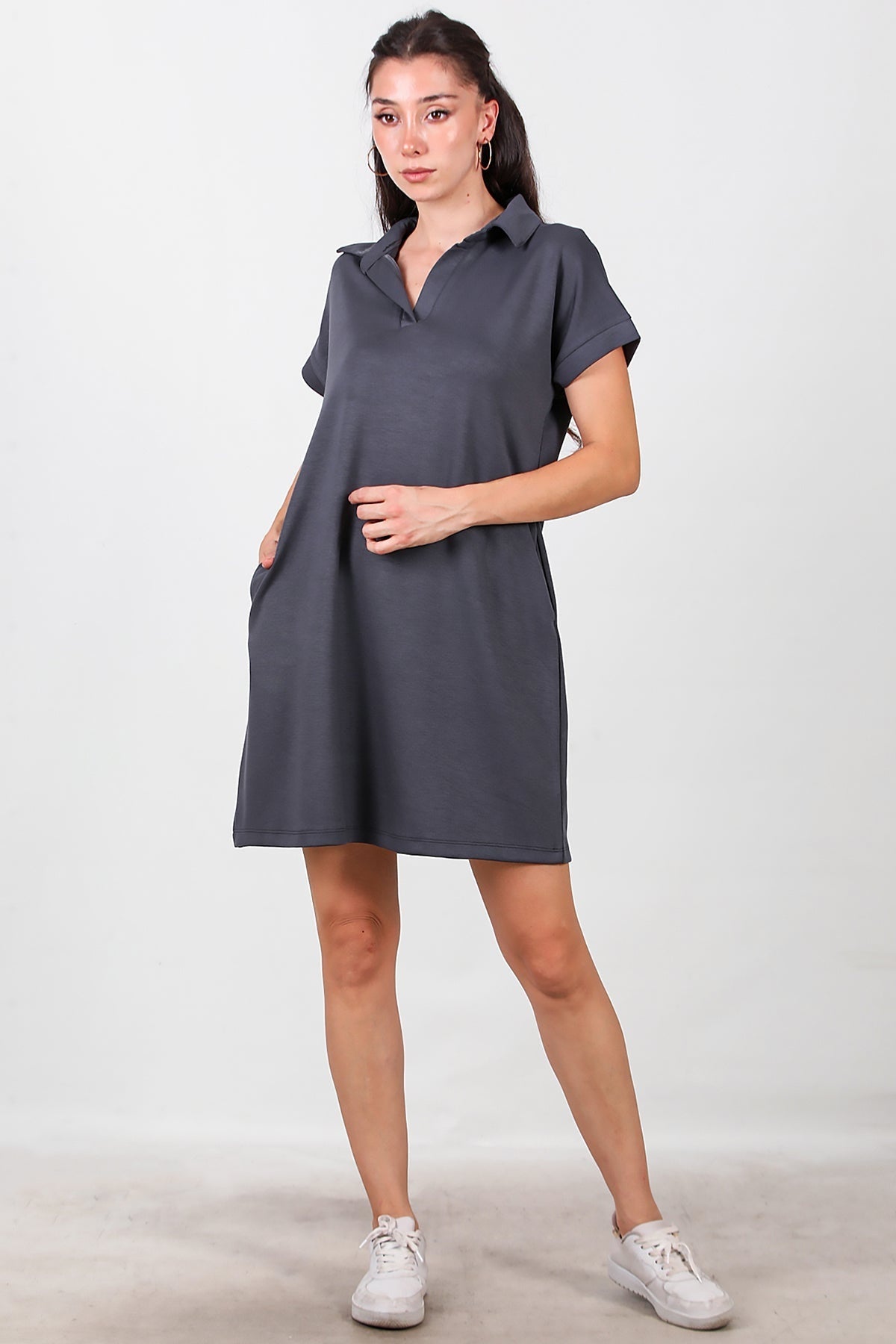 Collared Short Dress — Charcoal