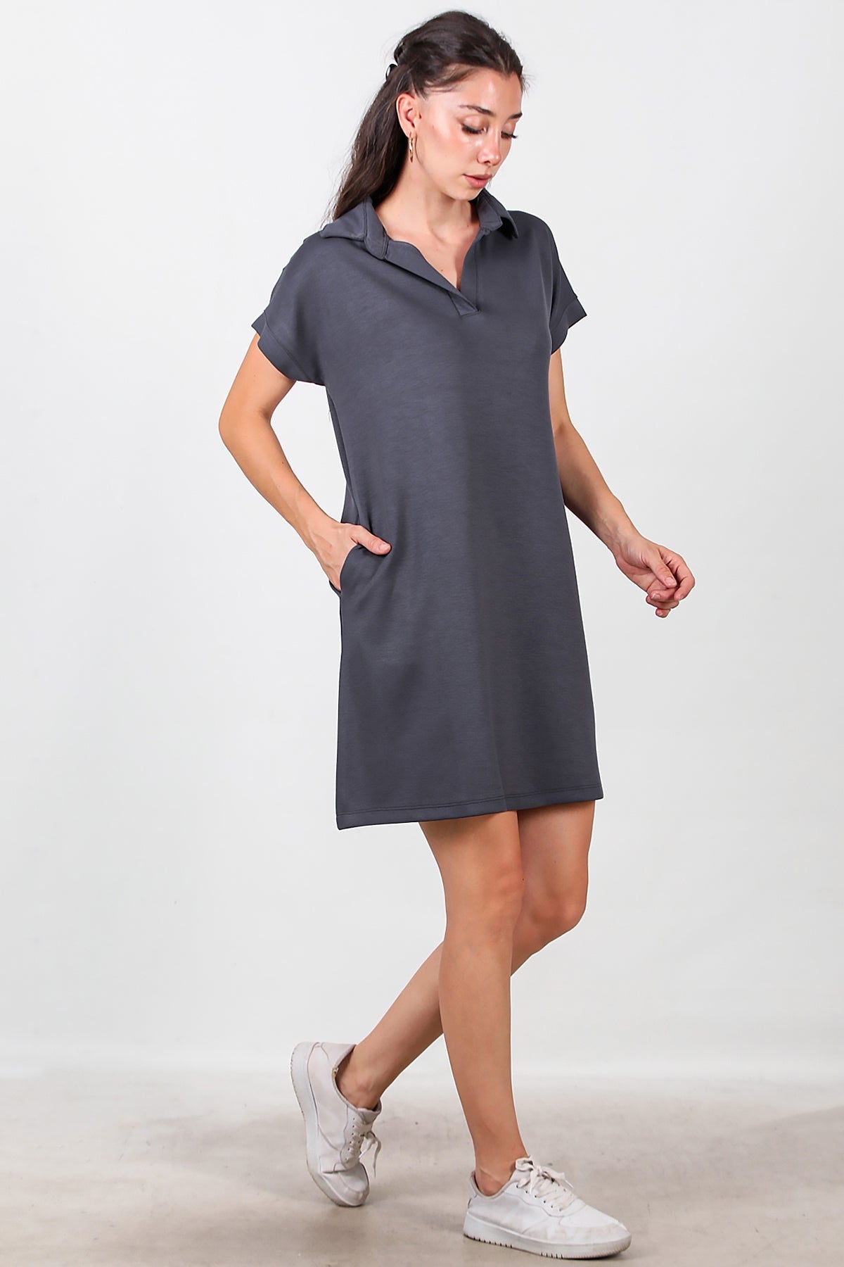 Collared Short Dress — Charcoal