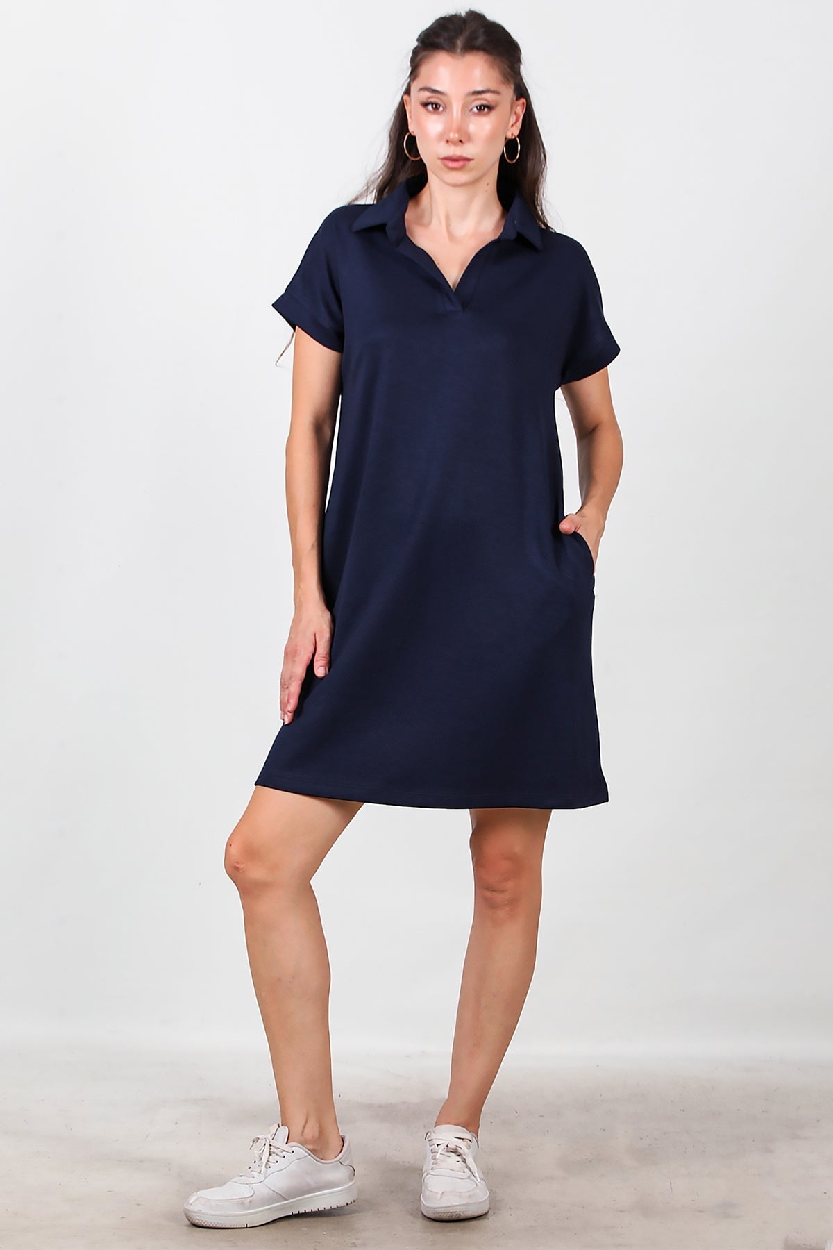 Korte jurk met kraag — Marineblauw