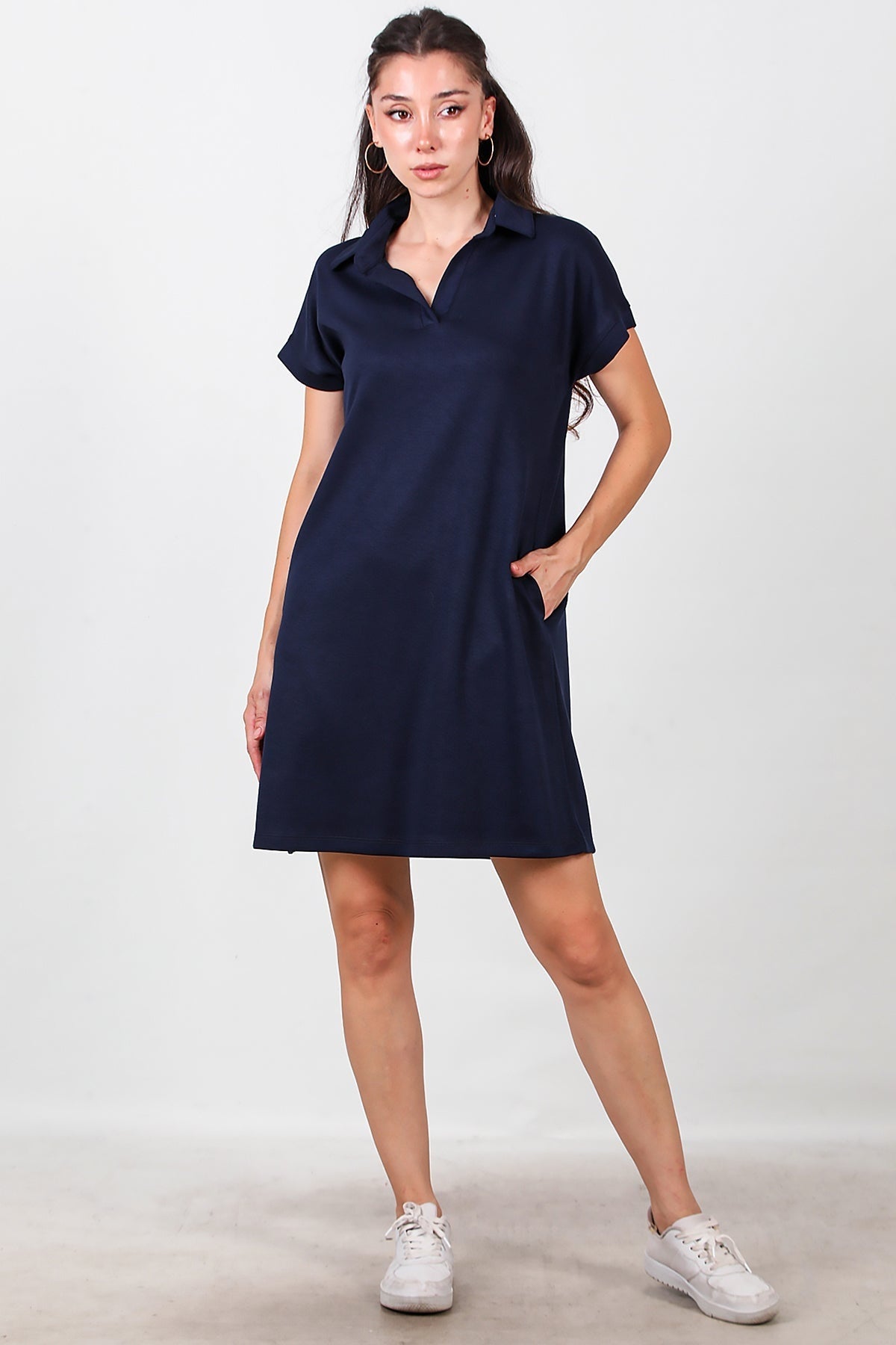 Korte jurk met kraag — Marineblauw