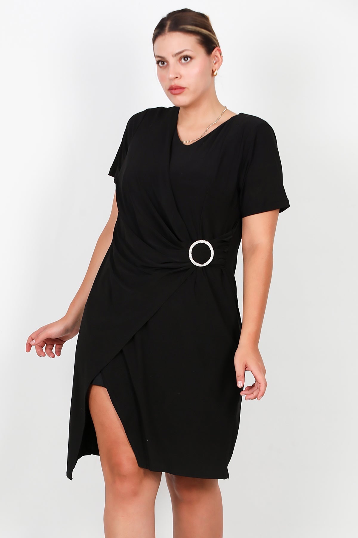 Plus - Size Short Evening Dress With Waist Buckle, Black