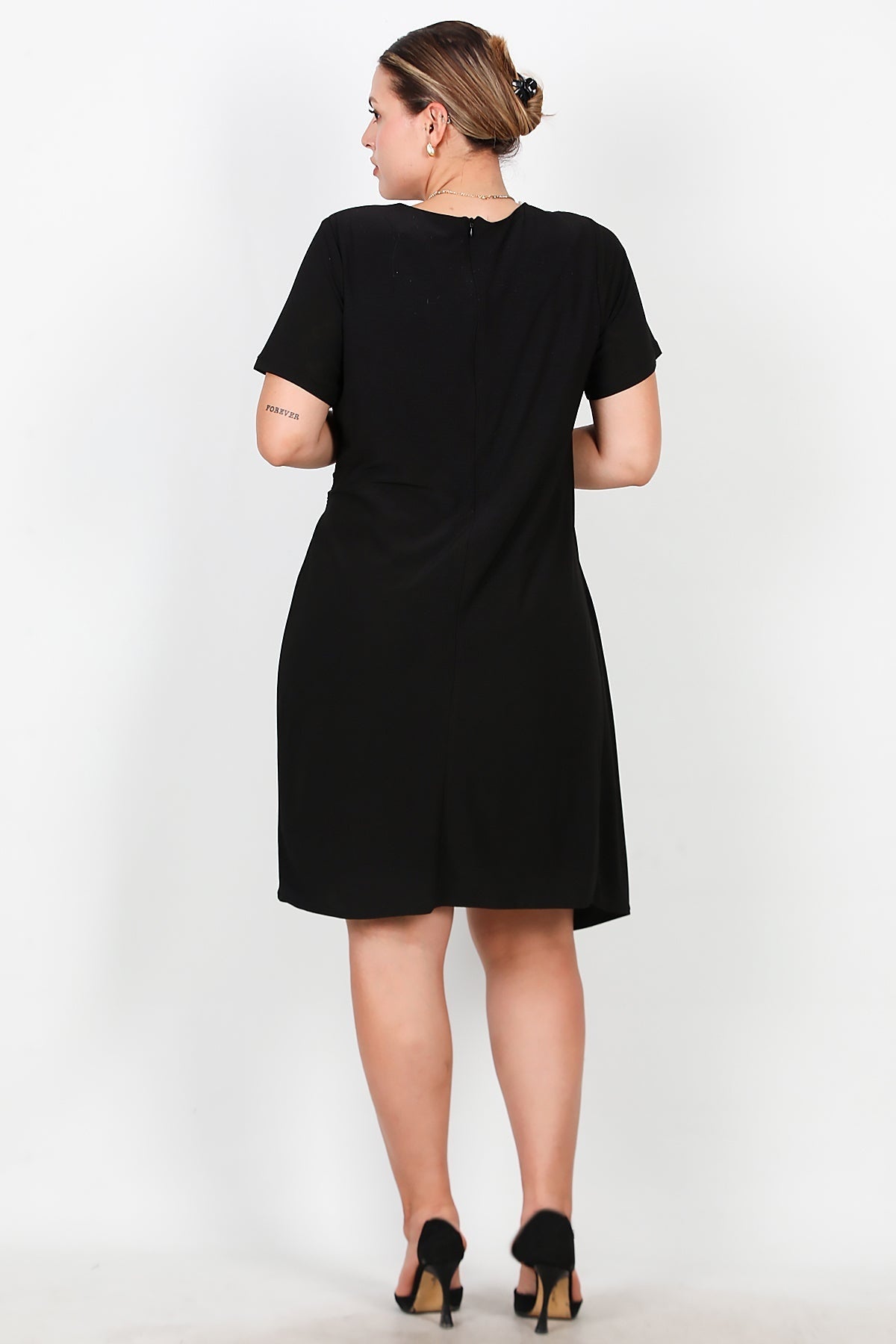 Plus - Size Short Evening Dress With Waist Buckle, Black