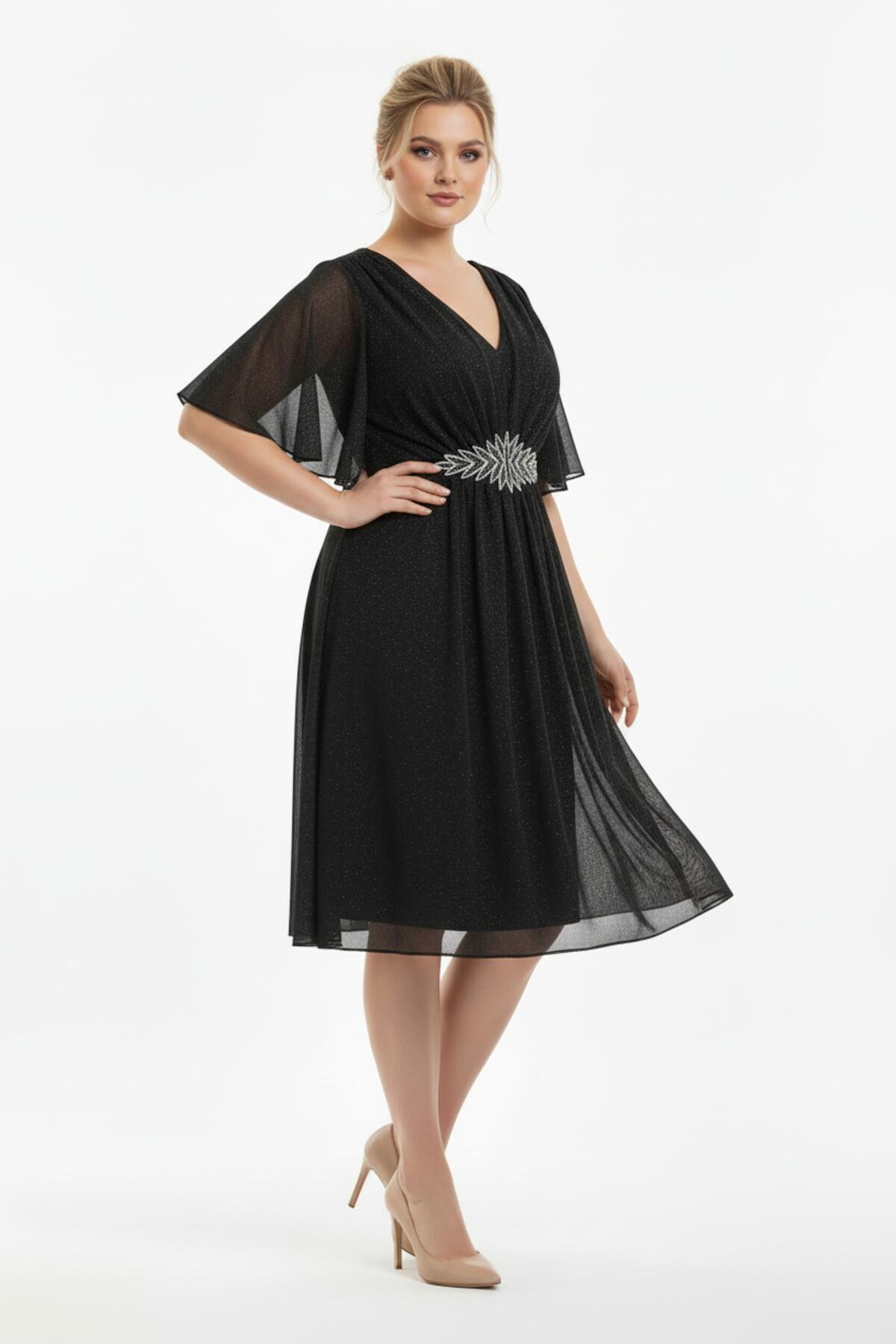 Glitter Tule Midi Jurk in Grote Maten met Tailleband met Strass-steentjes – Zwart