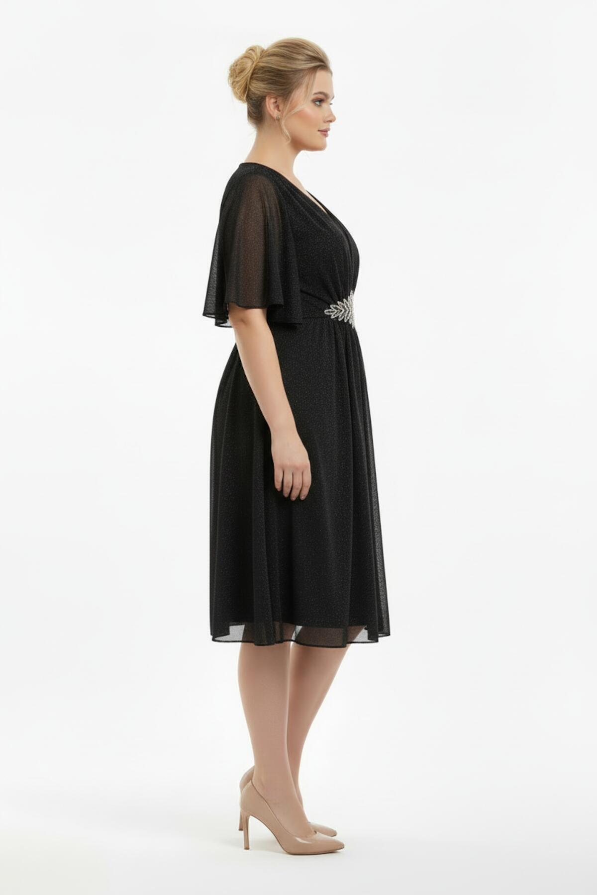 Glitter Tule Midi Jurk in Grote Maten met Tailleband met Strass-steentjes – Zwart