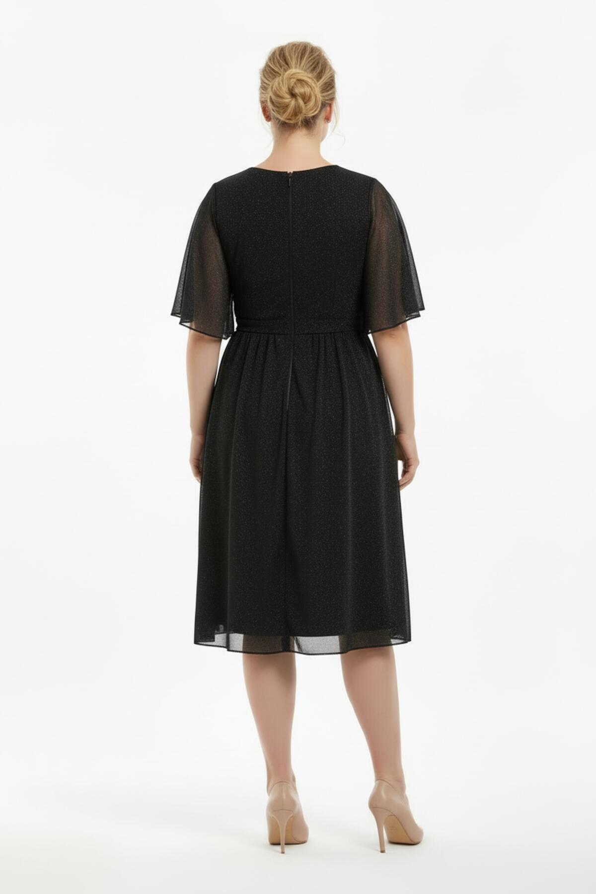 Glitter Tule Midi Jurk in Grote Maten met Tailleband met Strass-steentjes – Zwart