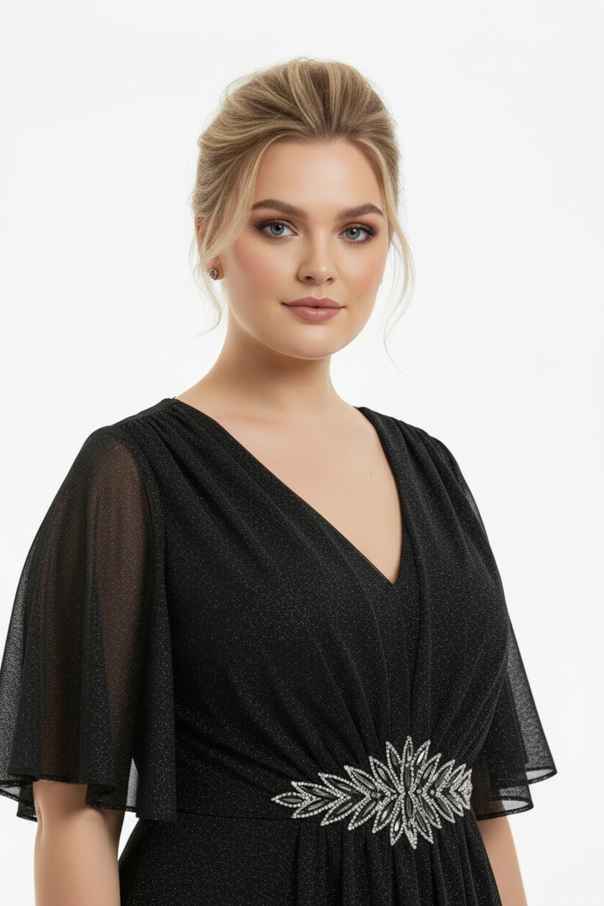 Glitter Tule Midi Jurk in Grote Maten met Tailleband met Strass-steentjes – Zwart