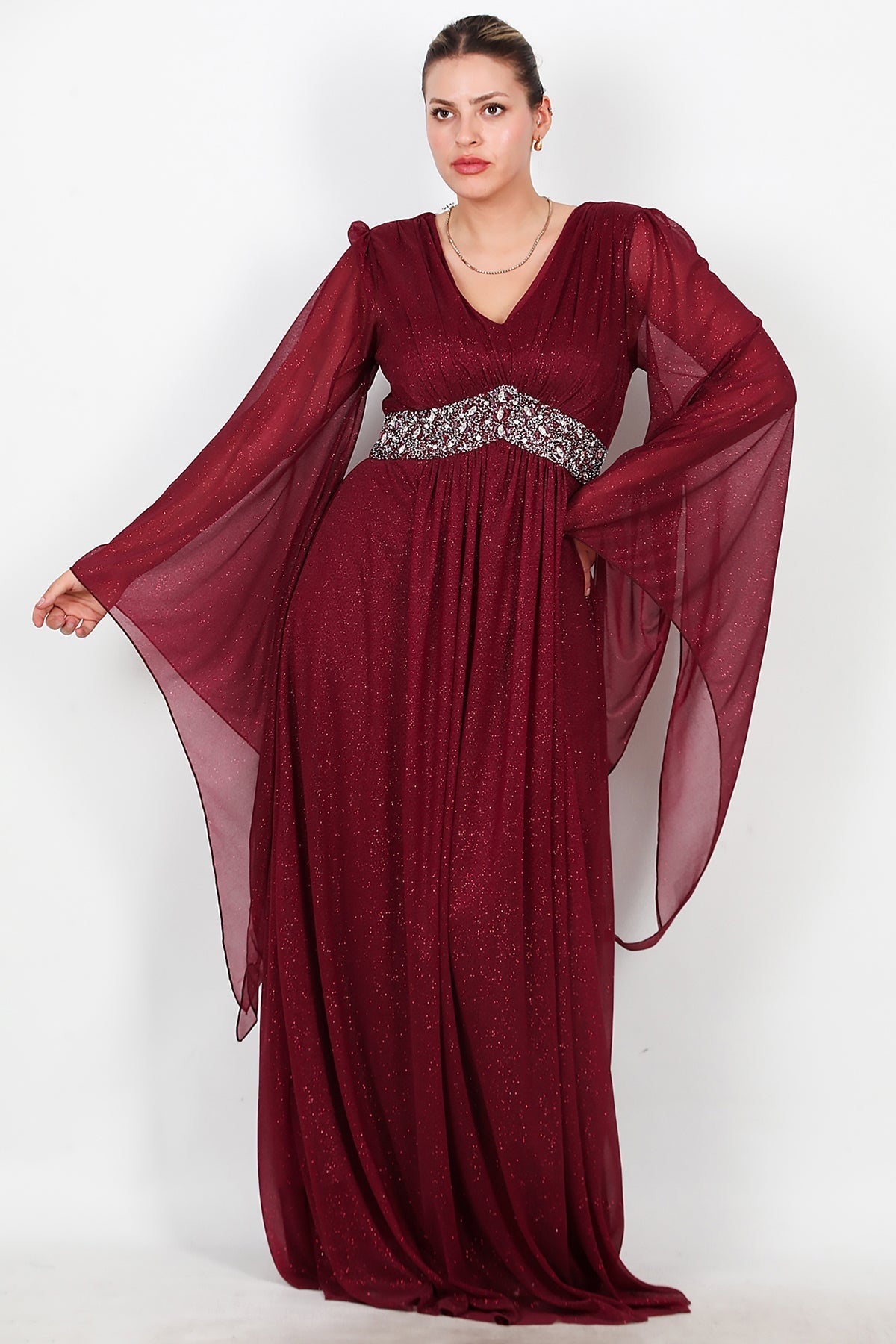 Plus - Size Long Glitter Evening Dress With Waist Embellishment — Burgundy