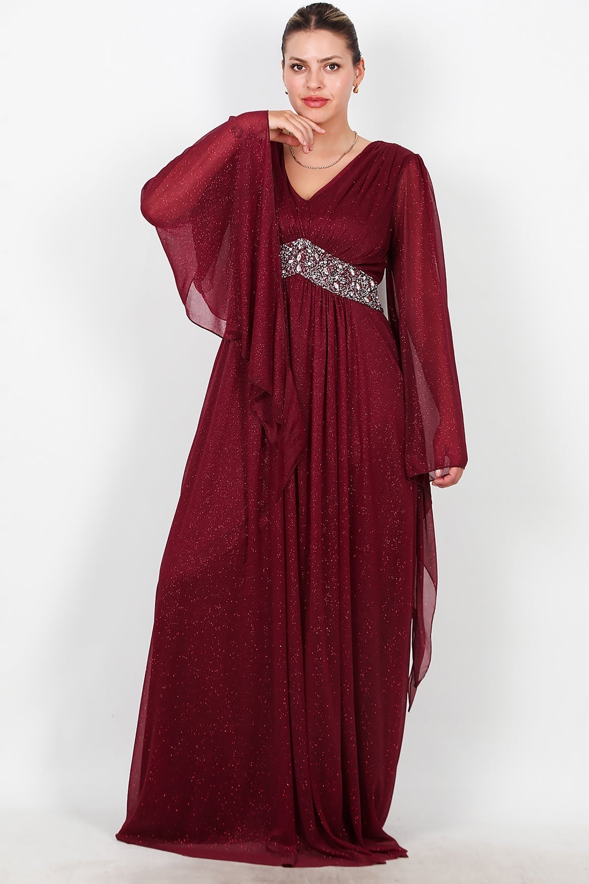 Plus - Size Long Glitter Evening Dress With Waist Embellishment — Burgundy