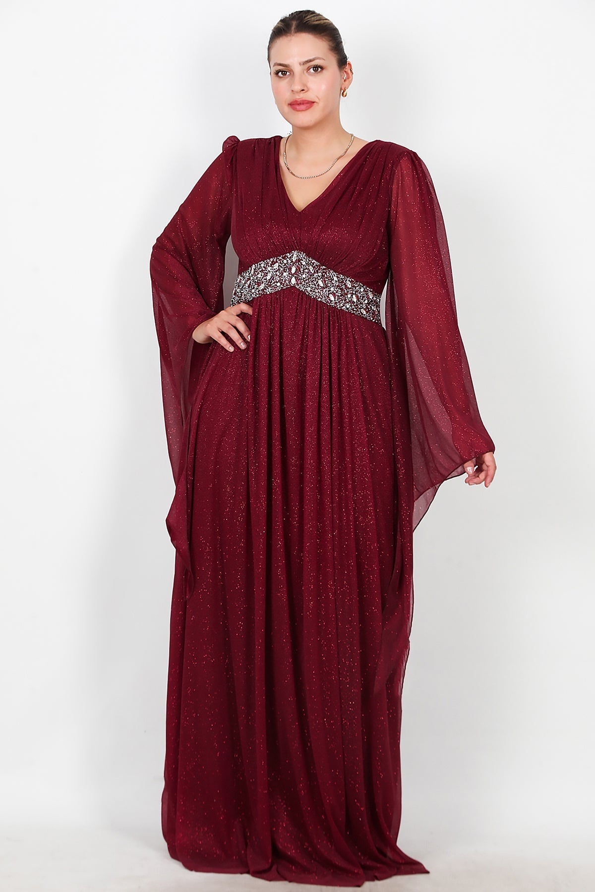 Plus - Size Long Glitter Evening Dress With Waist Embellishment — Burgundy