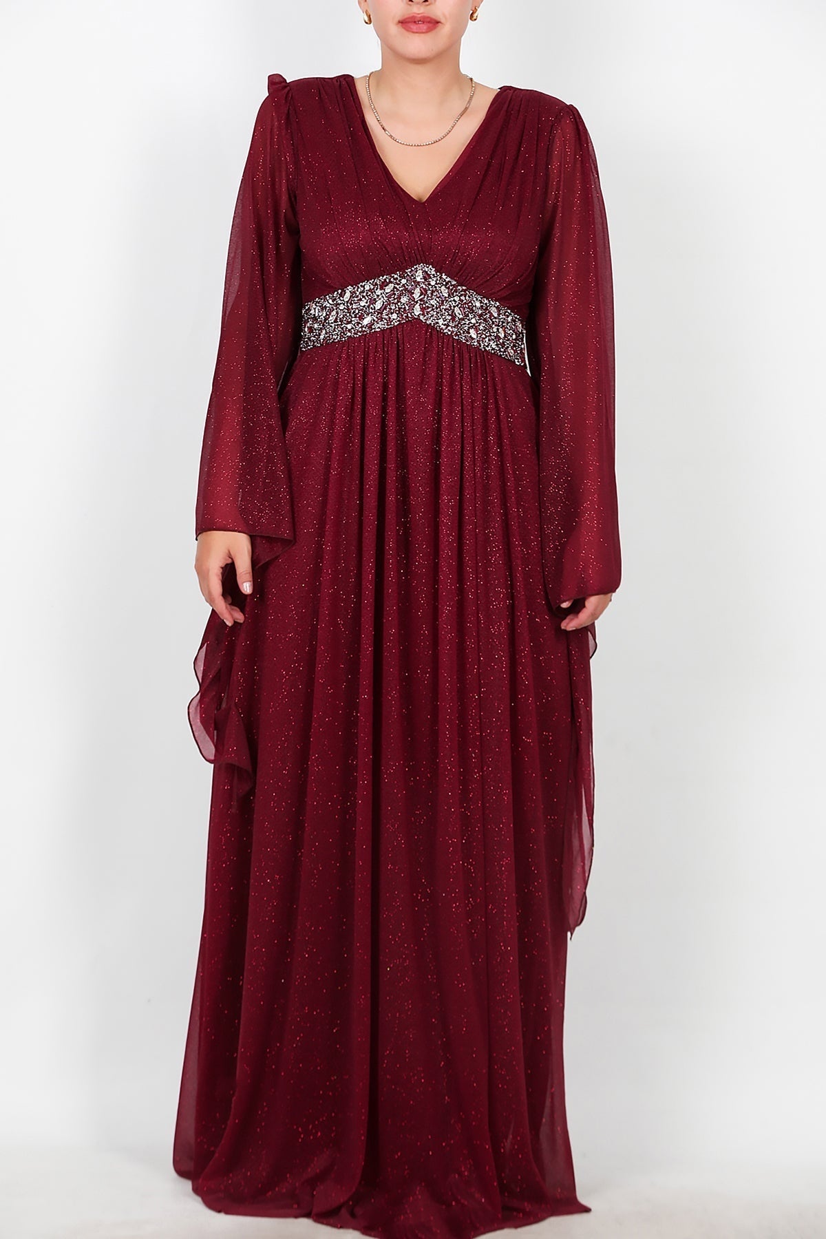Plus - Size Long Glitter Evening Dress With Waist Embellishment — Burgundy