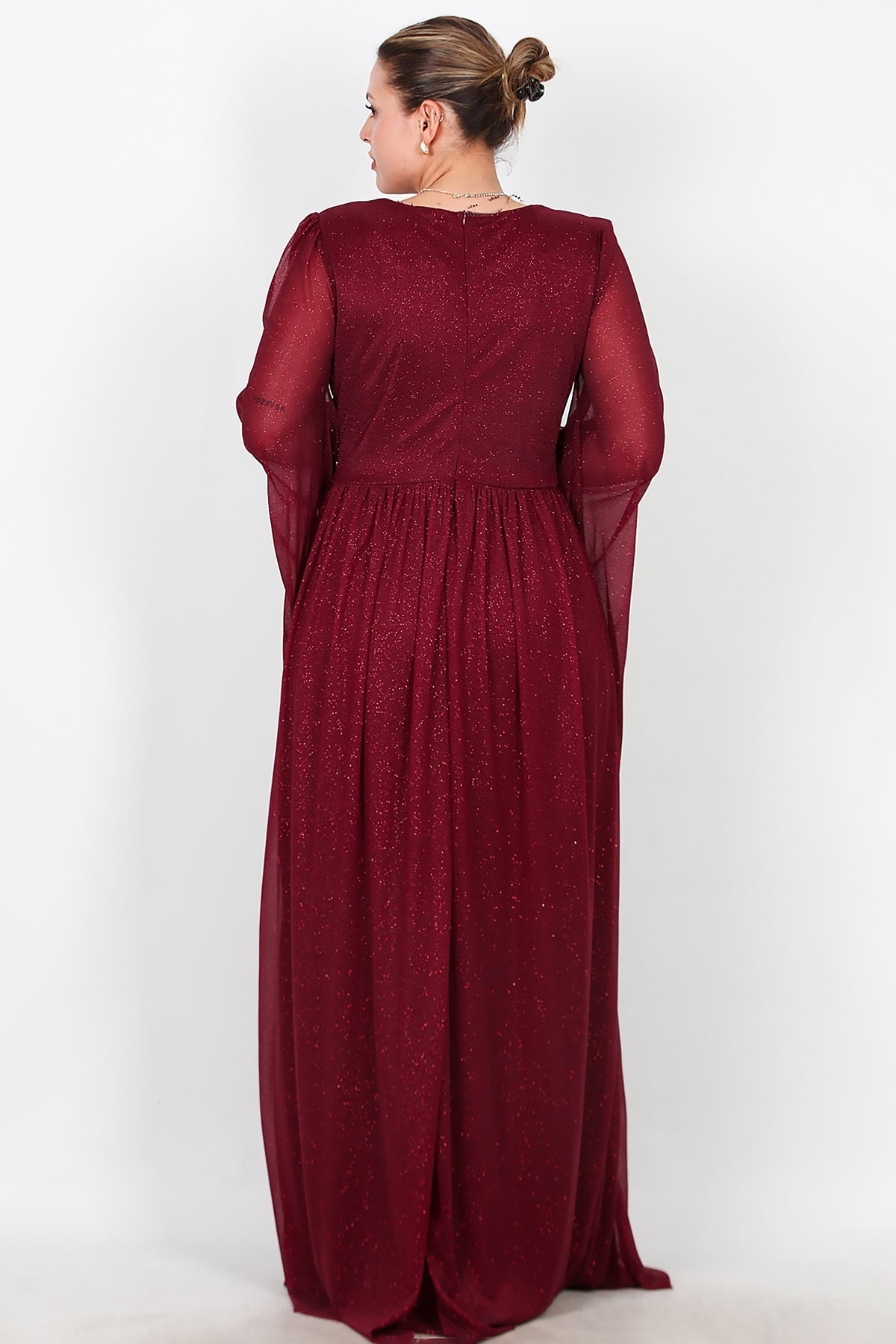 Plus - Size Long Glitter Evening Dress With Waist Embellishment — Burgundy