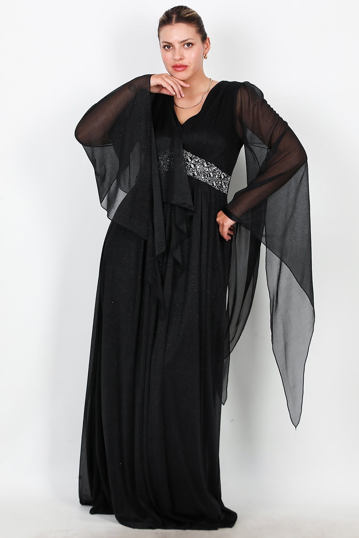 Plus - Size Long Glitter Evening Dress With Waist Embellishment — Black