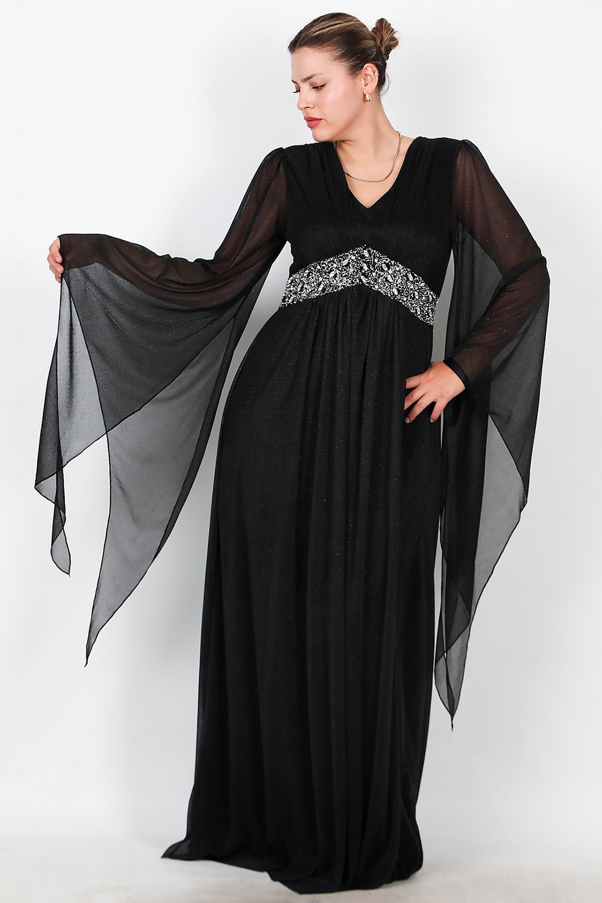 Plus - Size Long Glitter Evening Dress With Waist Embellishment — Black