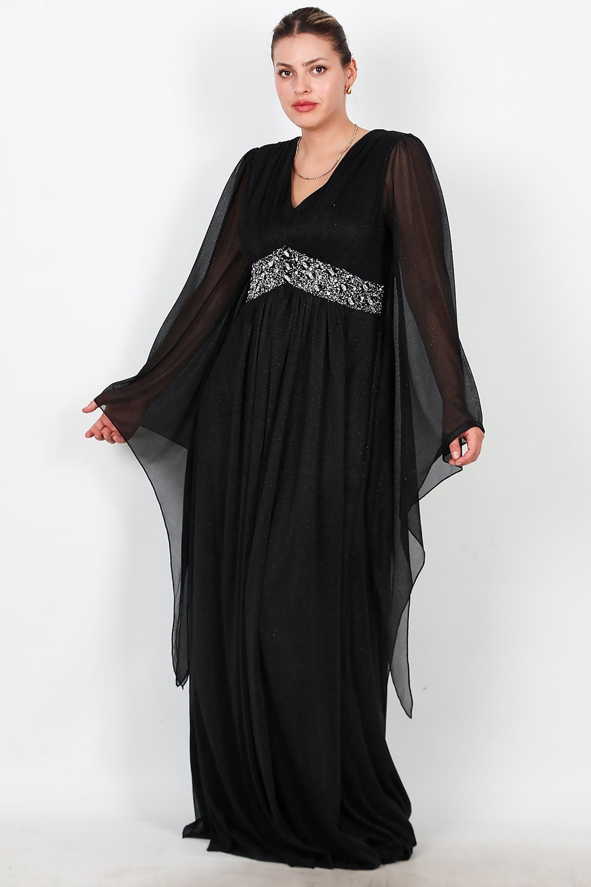 Plus - Size Long Glitter Evening Dress With Waist Embellishment — Black