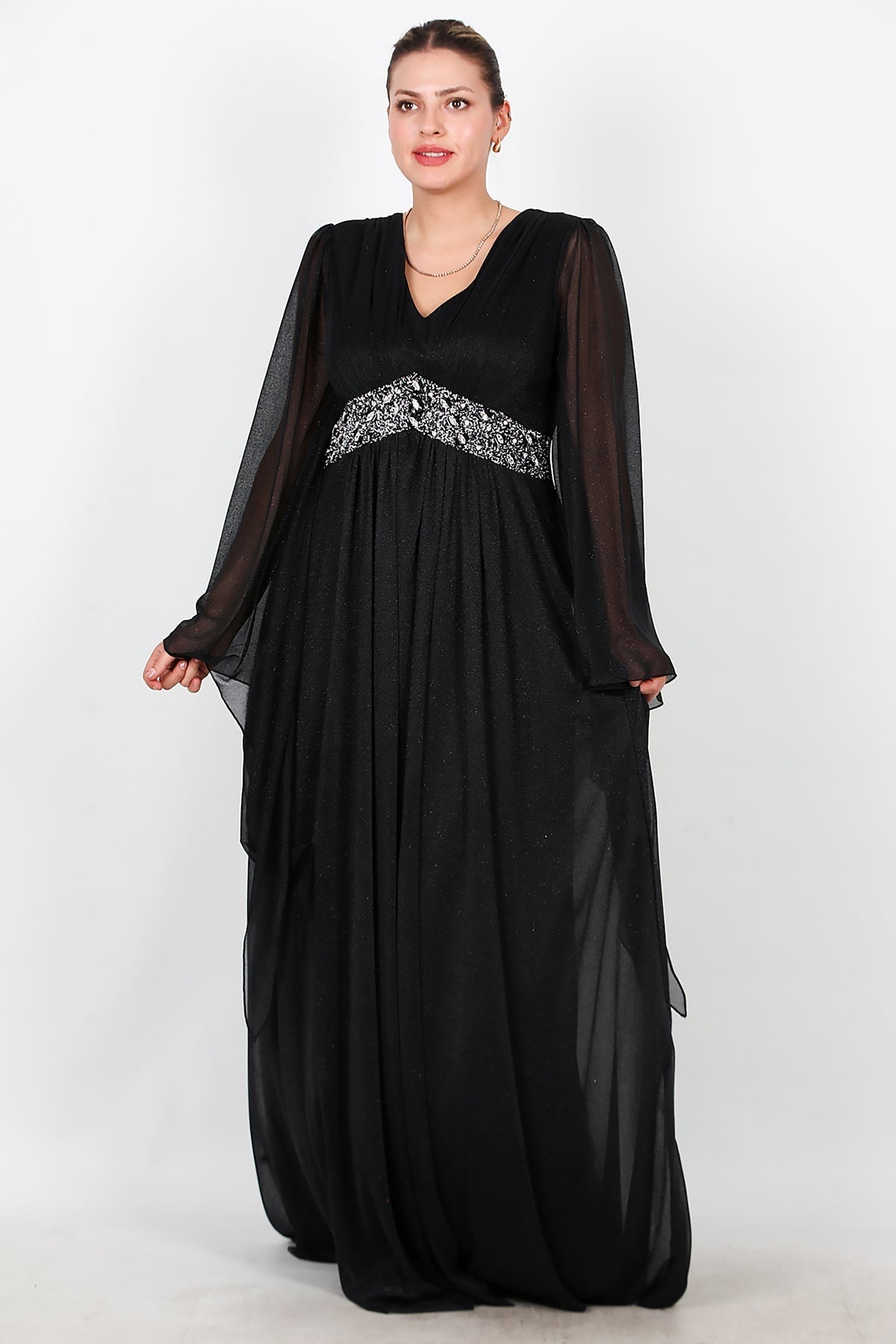 Plus - Size Long Glitter Evening Dress With Waist Embellishment — Black