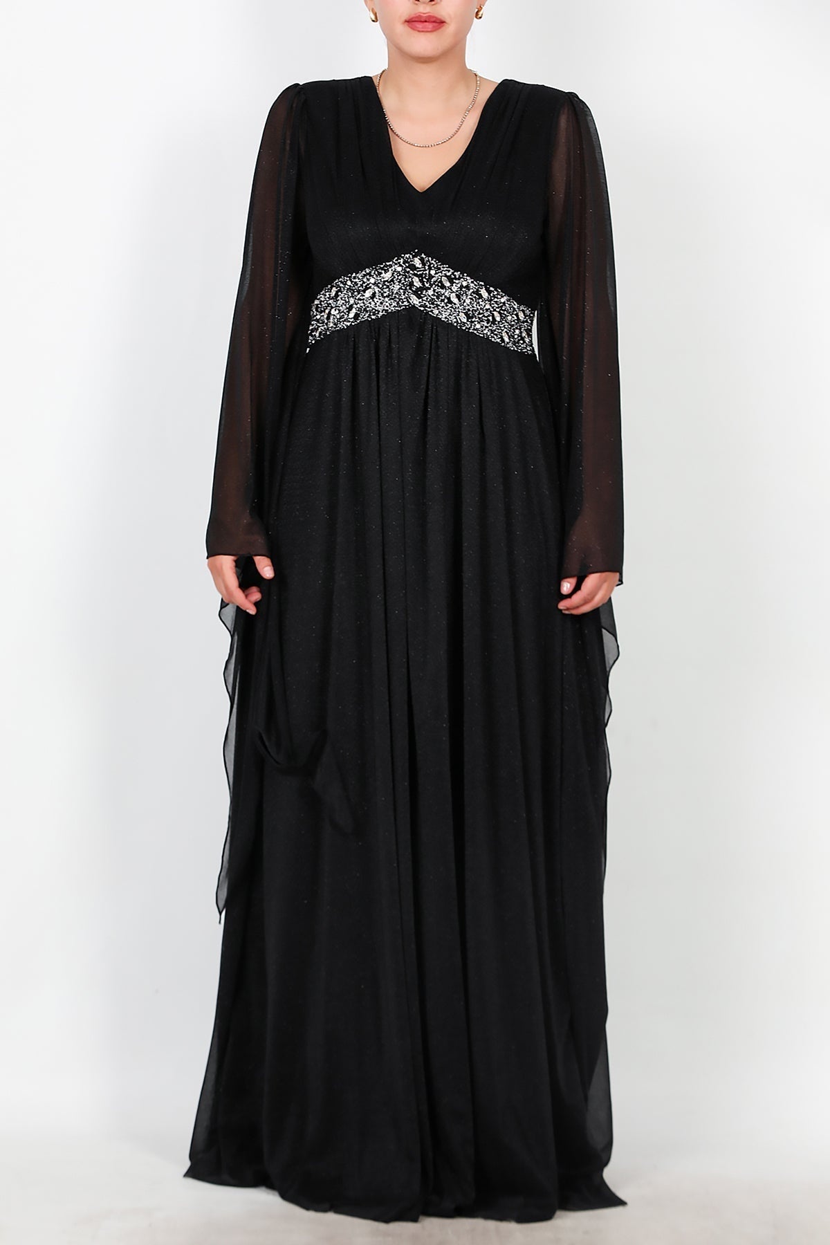 Plus - Size Long Glitter Evening Dress With Waist Embellishment — Black