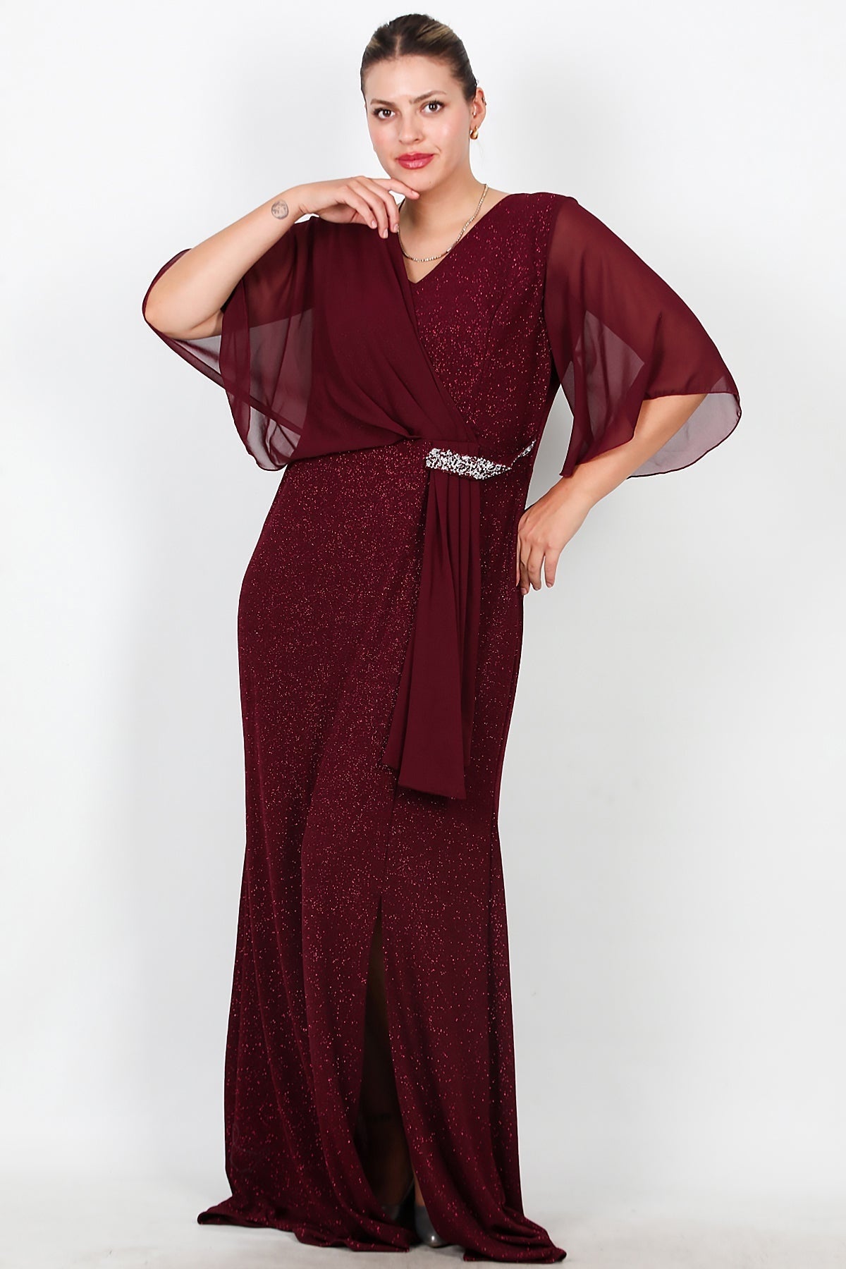 Plus - Size Long Evening Dress With Chiffon Top And Waist Stone Detail — Burgundy