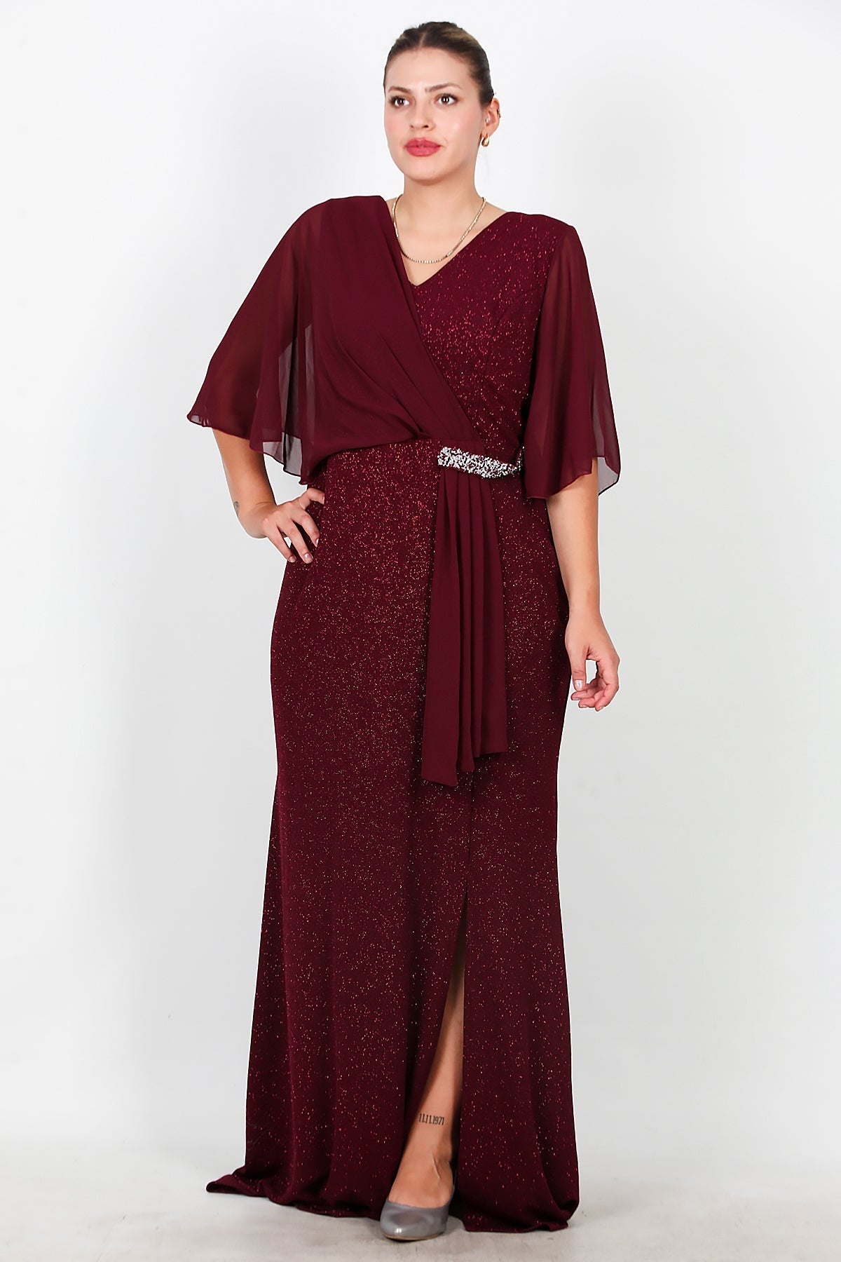 Plus - Size Long Evening Dress With Chiffon Top And Waist Stone Detail — Burgundy