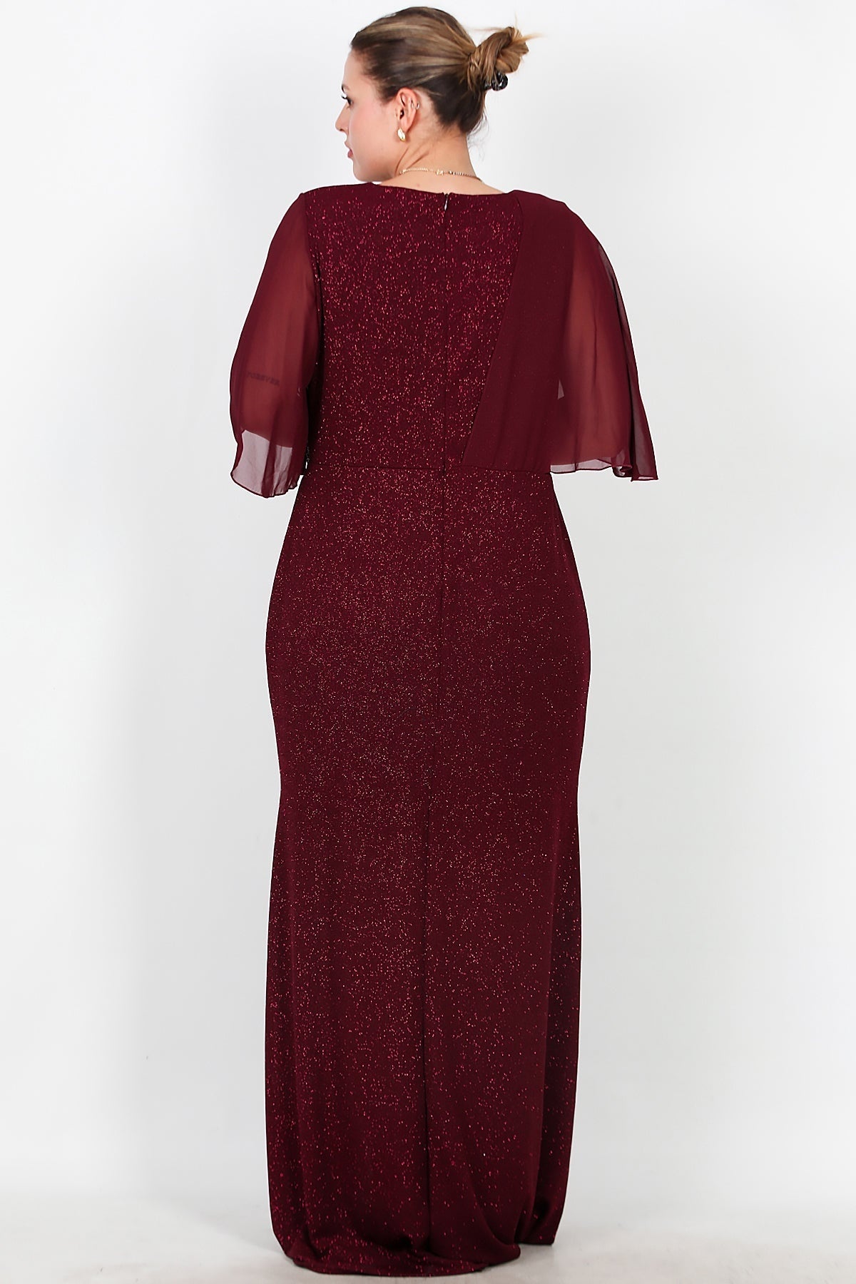 Großes langes Abendkleid mit Chiffon-Oberteil und Taillen-Stein-Detail – Burgund