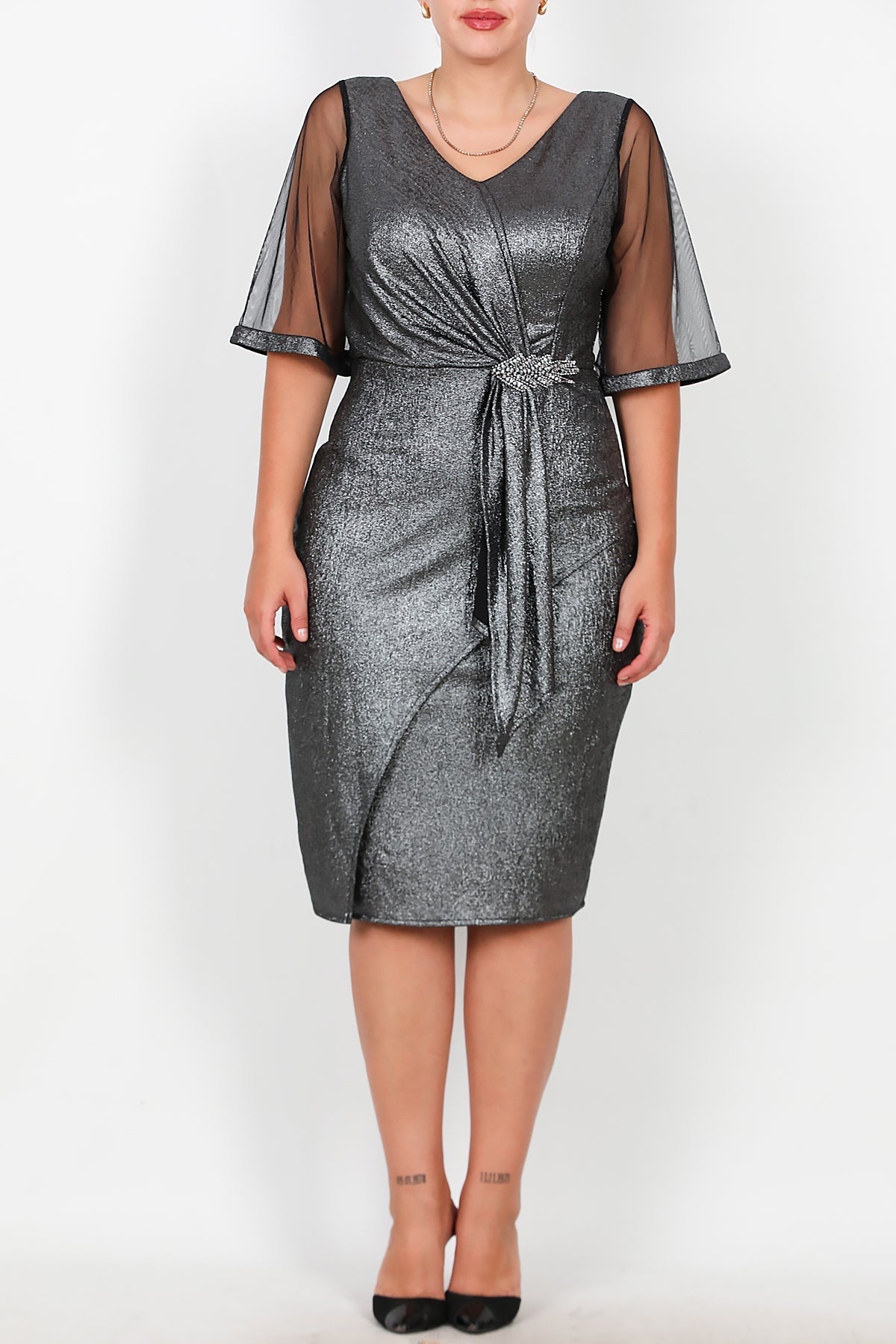 Plus - Size Midi Evening Dress With Tulle Sleeves And Waist Accessory — Silver