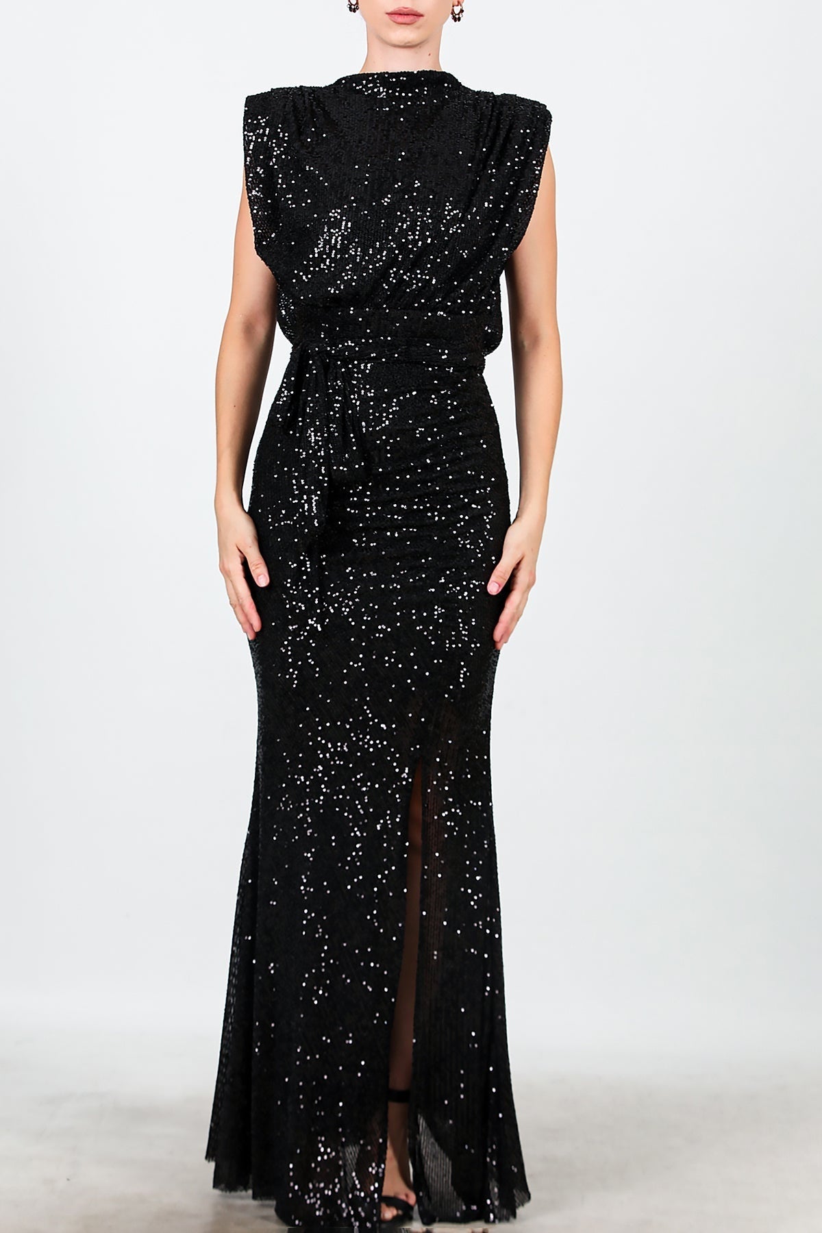 Belted Long Evening Dress With Side Slit — Black