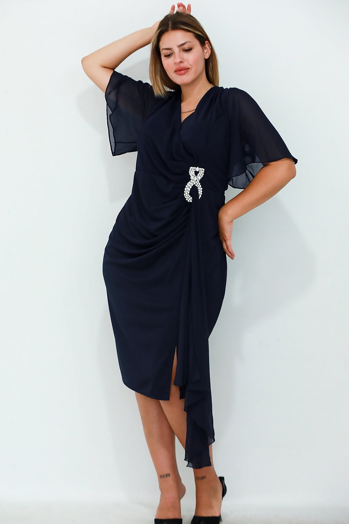 Plus - Size Chiffon Short Evening Dress With Waist Detail — Navy