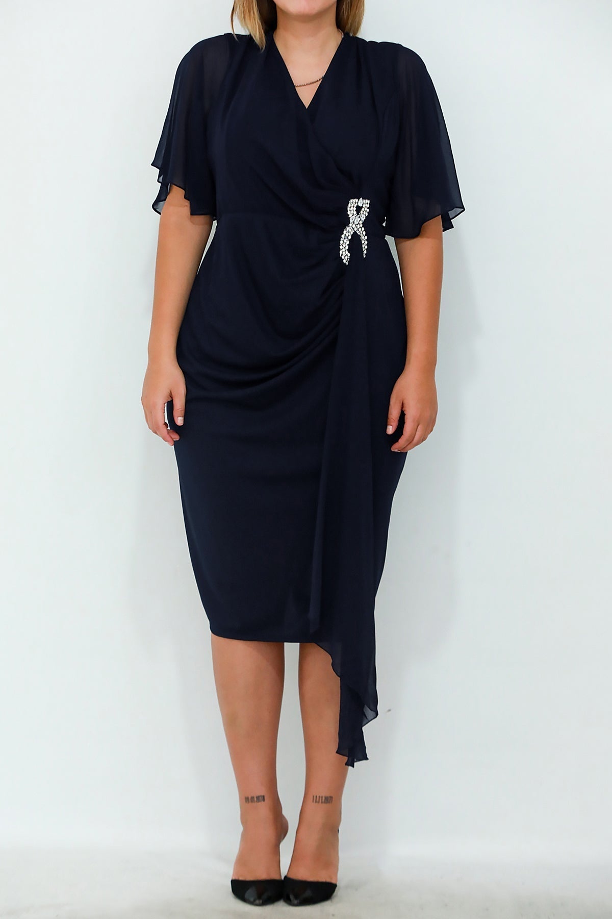 Plus - Size Chiffon Short Evening Dress With Waist Detail — Navy