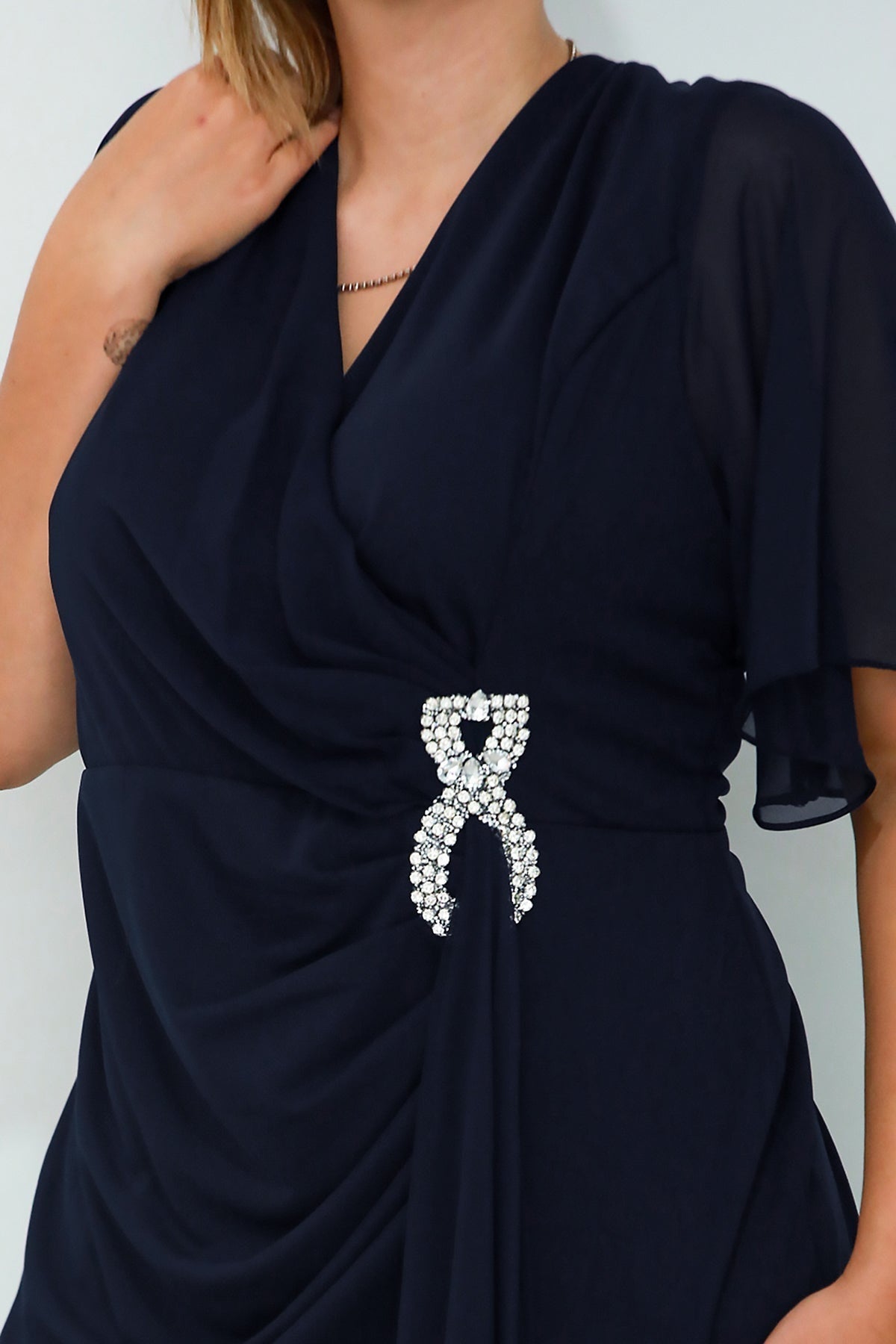Plus - Size Chiffon Short Evening Dress With Waist Detail — Navy