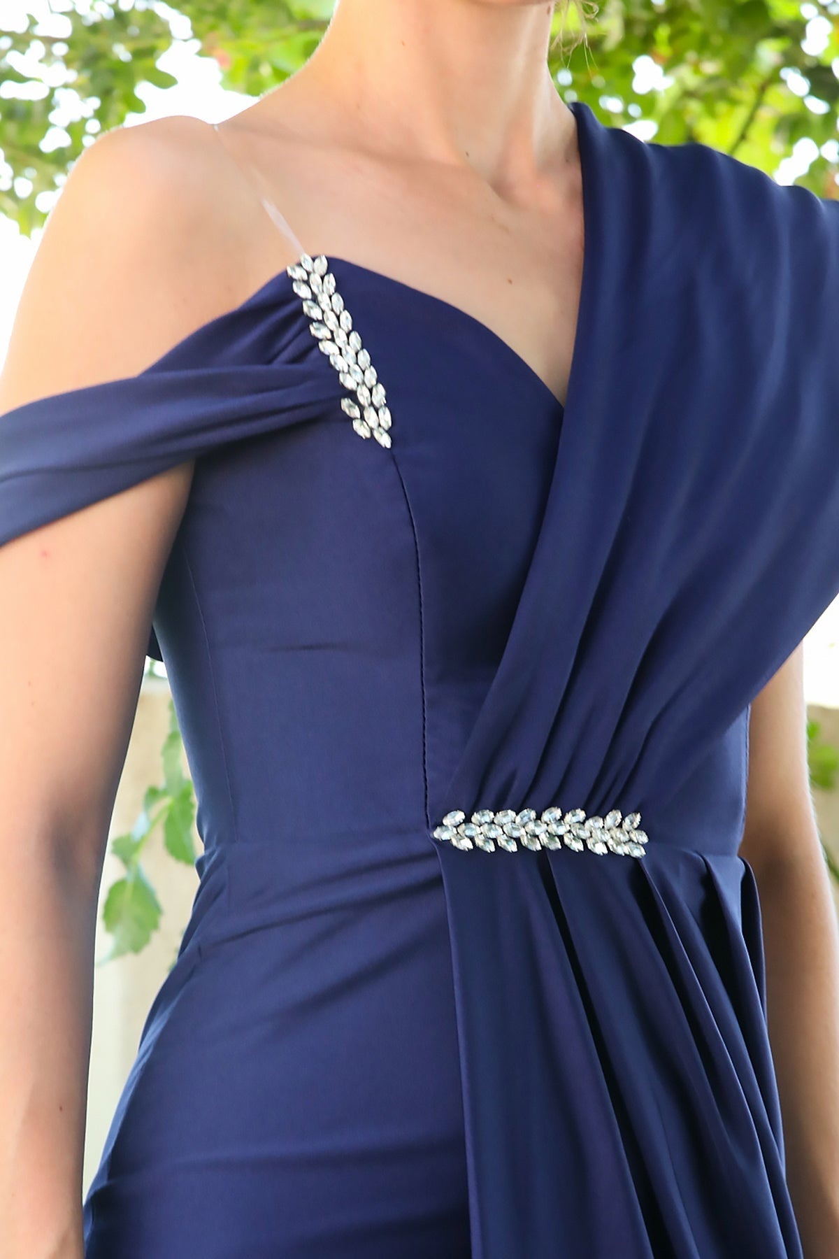 Evening Dress With Stone Detail At Waist And Bust — Navy