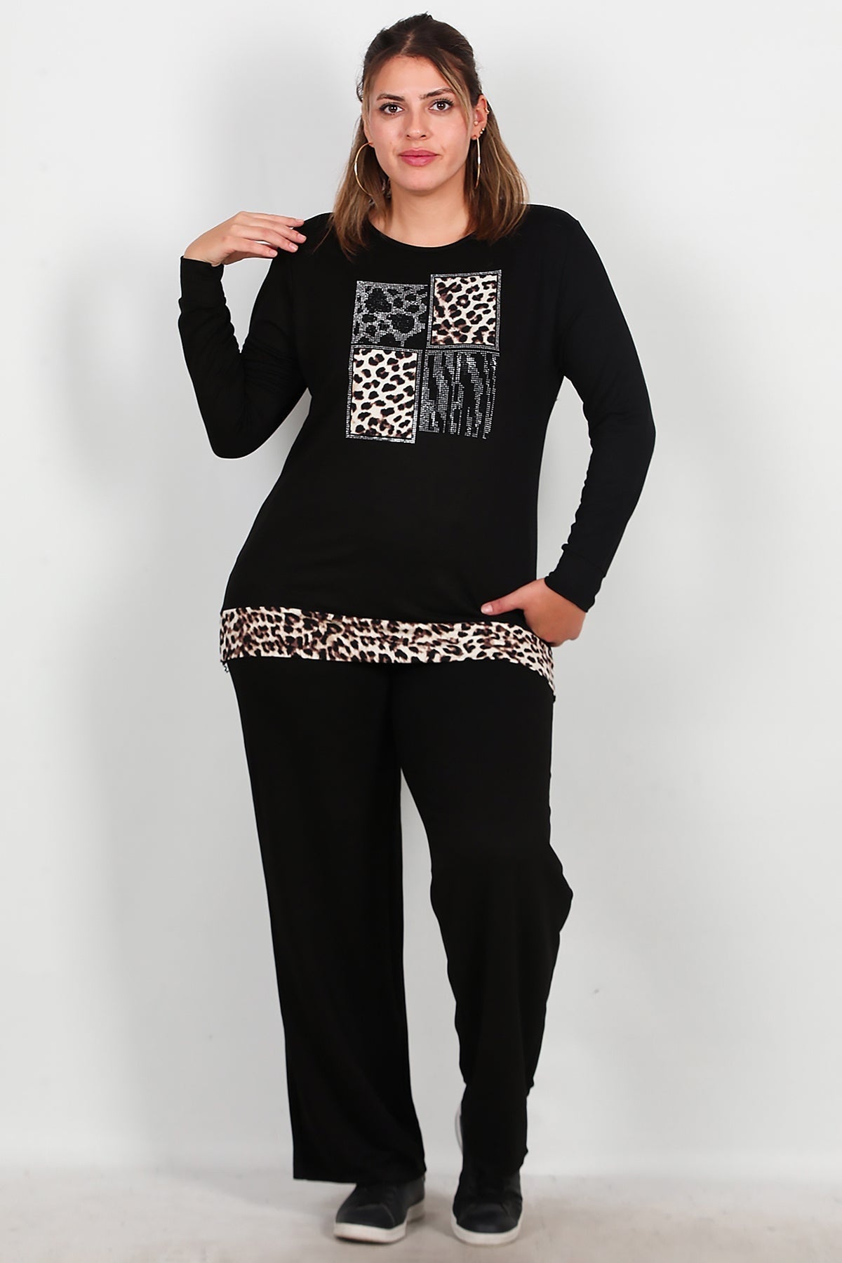 Plus - Size Leopard Stone - Embellished Set, Black