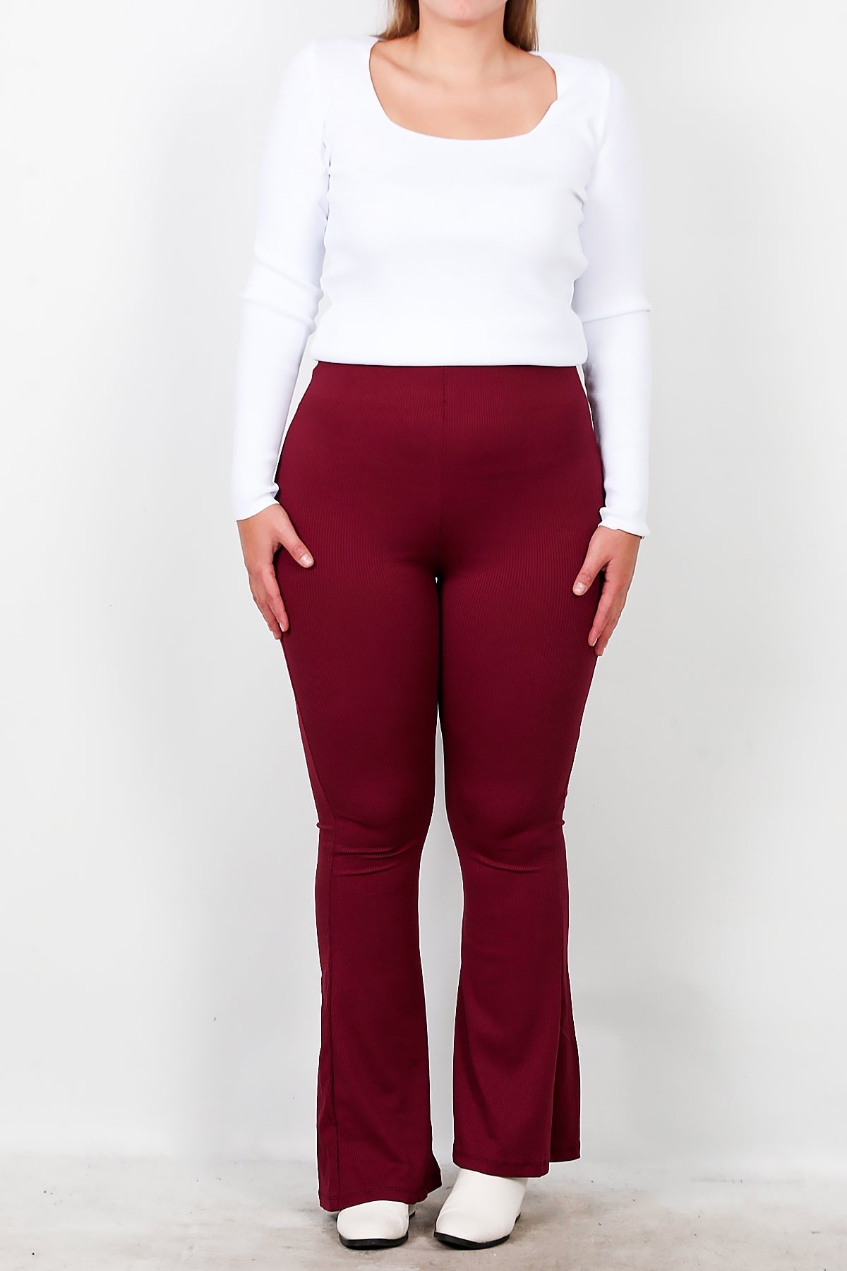 Grote Maten Geribbelde Flare Legging — Bourgondië