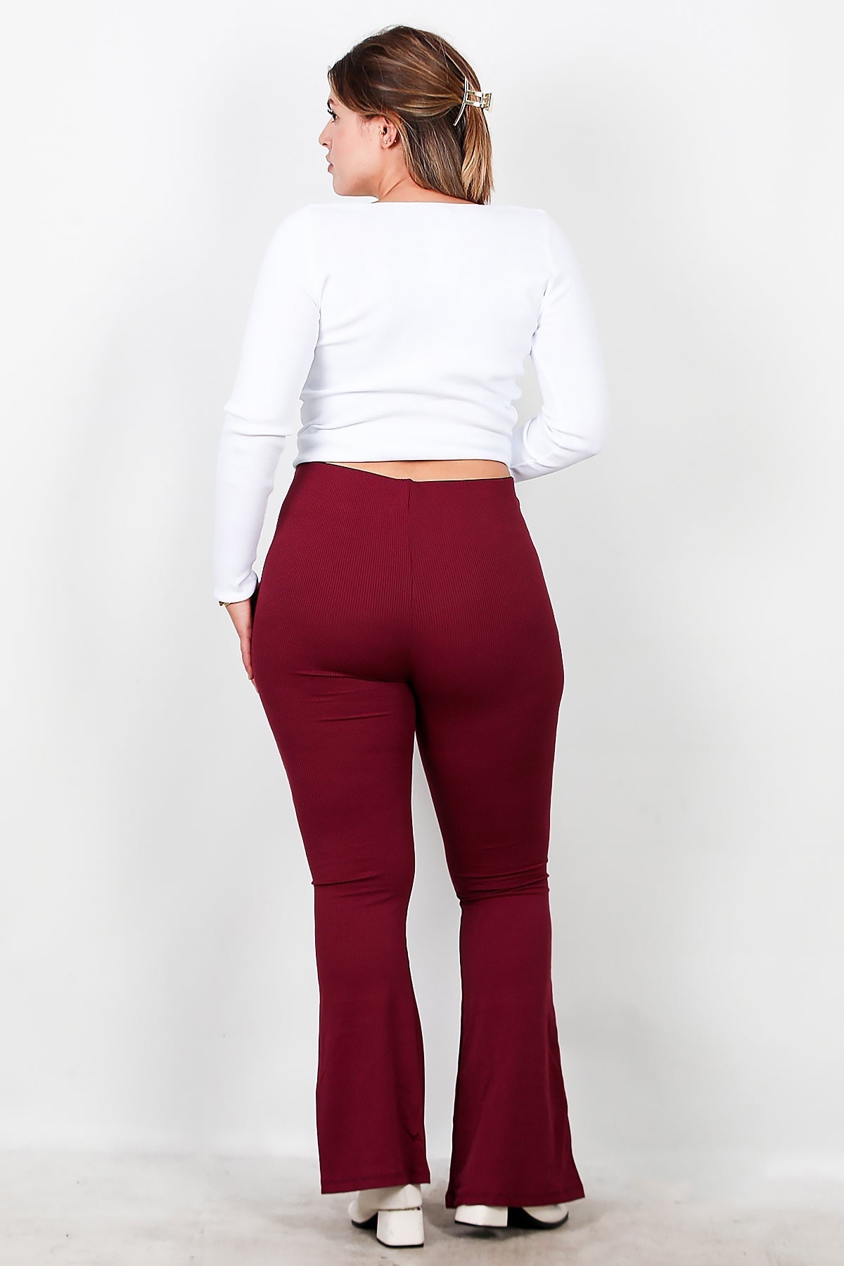 Grote Maten Geribbelde Flare Legging — Bourgondië