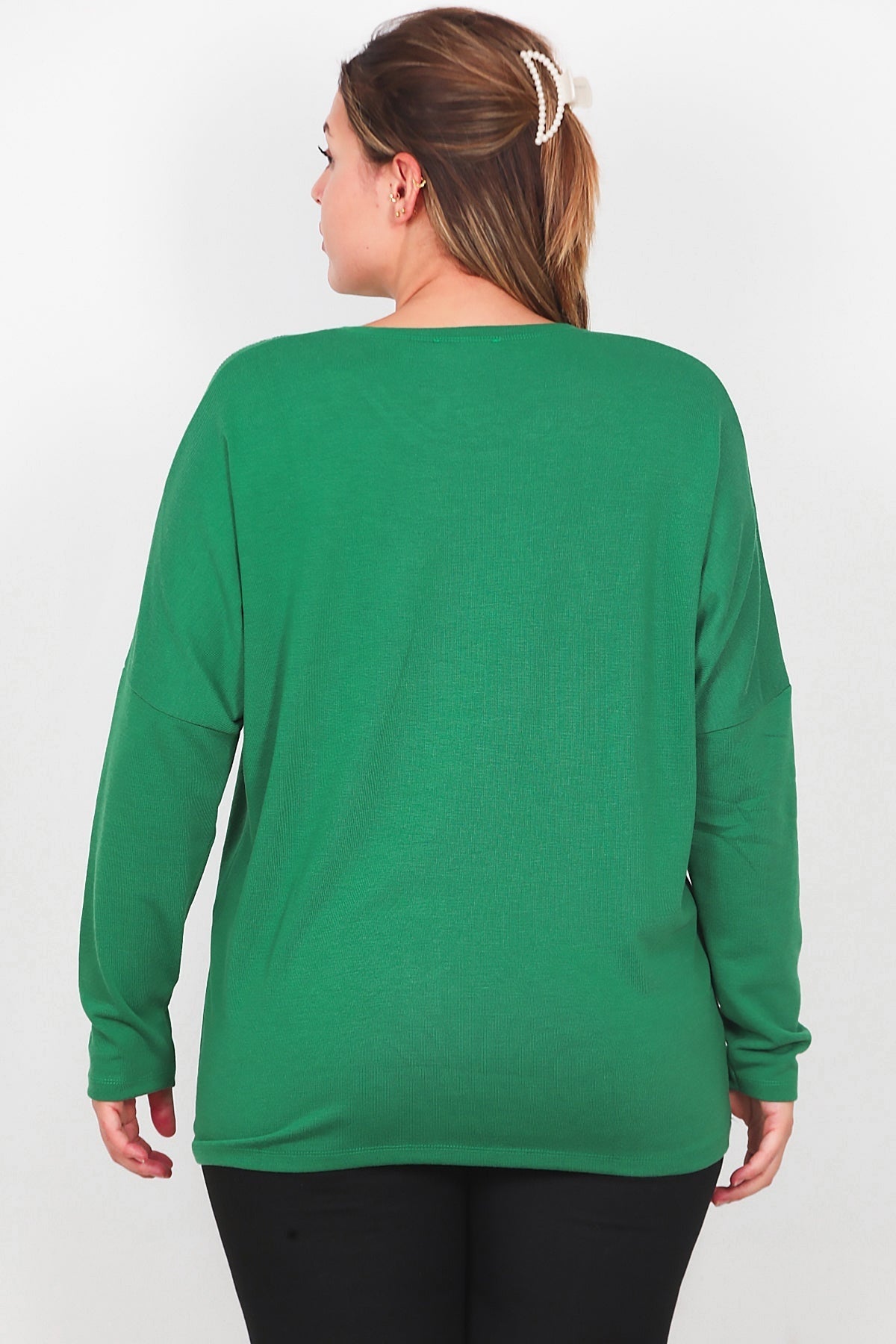 Plus - Size Printed Long - Sleeve Blouse With Front Pocket — Green