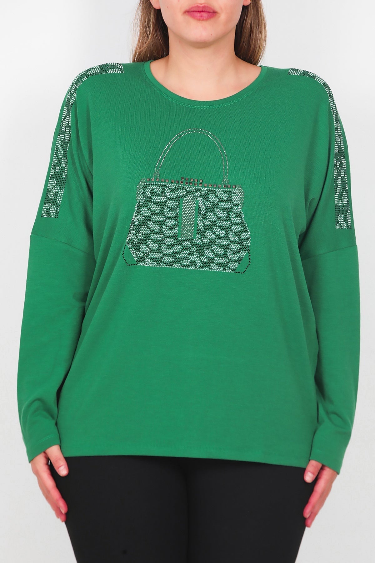 Plus - Size Printed Long - Sleeve Blouse With Front Pocket — Green