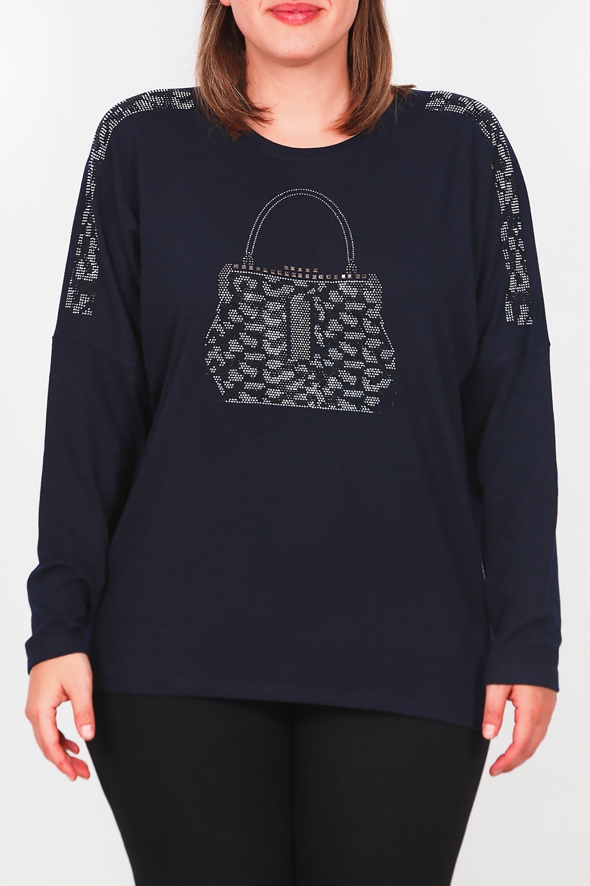 Plus - Size Long - Sleeve Blouse With Front Pocket — Navy
