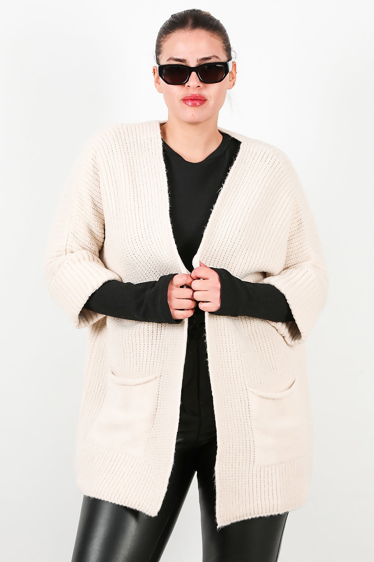 Plus - Size Pocket Cardigan — Stone