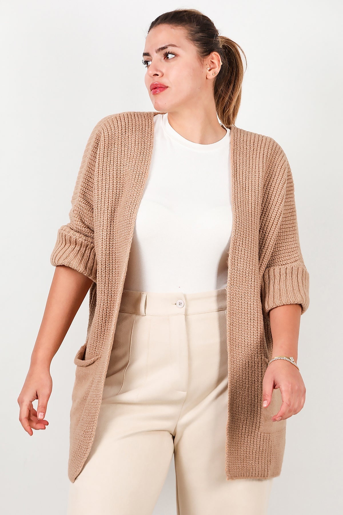 Plus - Size Pocket Cardigan — Beige